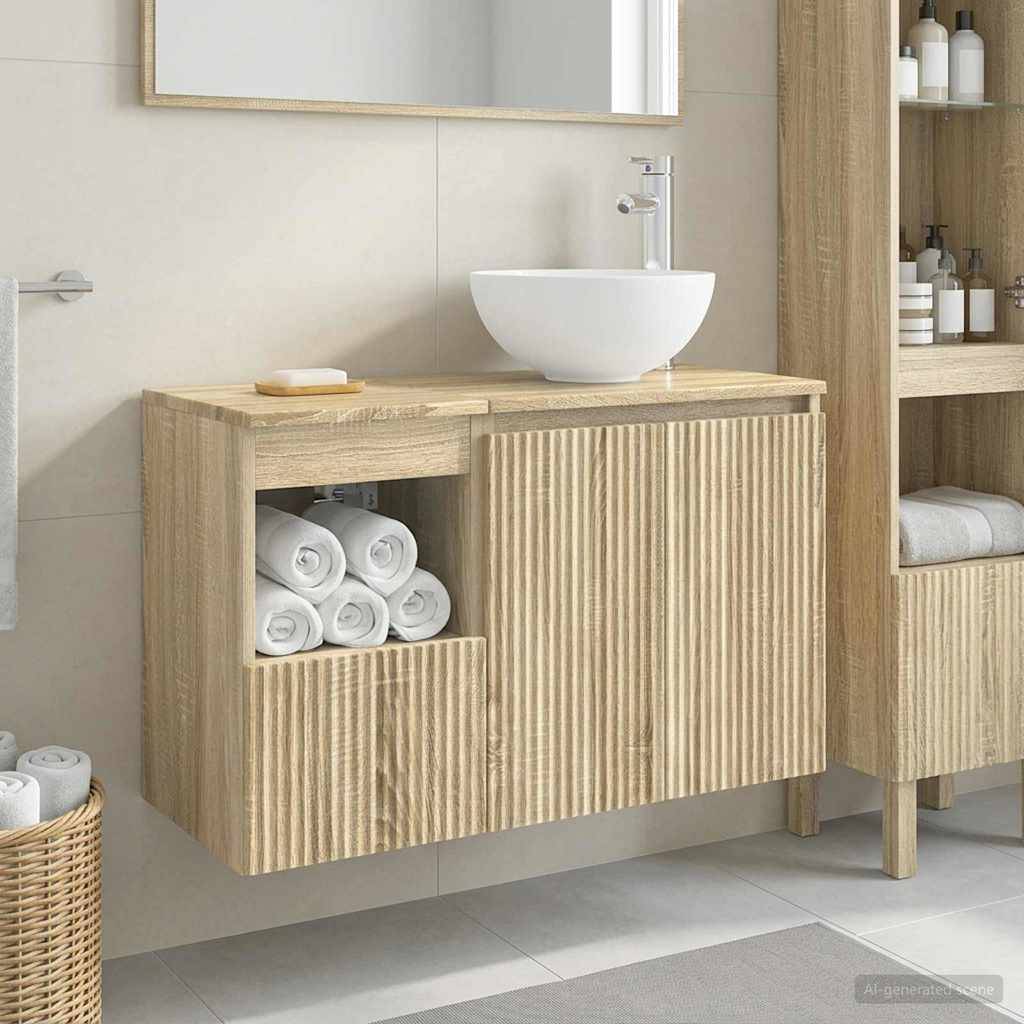 Modernes Badezimmerschrank mit rundem weißem Aufsatzwaschbecken, Holzlattenkasten, offener Handtucharrage, Spiegel oben und Regalen mit Toilettenartikeln.