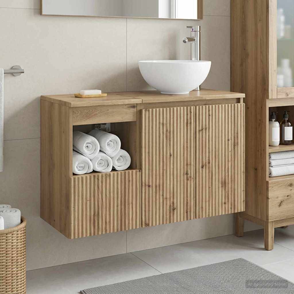 Wandmontiertes Badezimmerwaschbecken aus Holz mit weißem Aufsatzbecken und offener Handtuchablage in einem modernen minimalistischen Badezimmer.