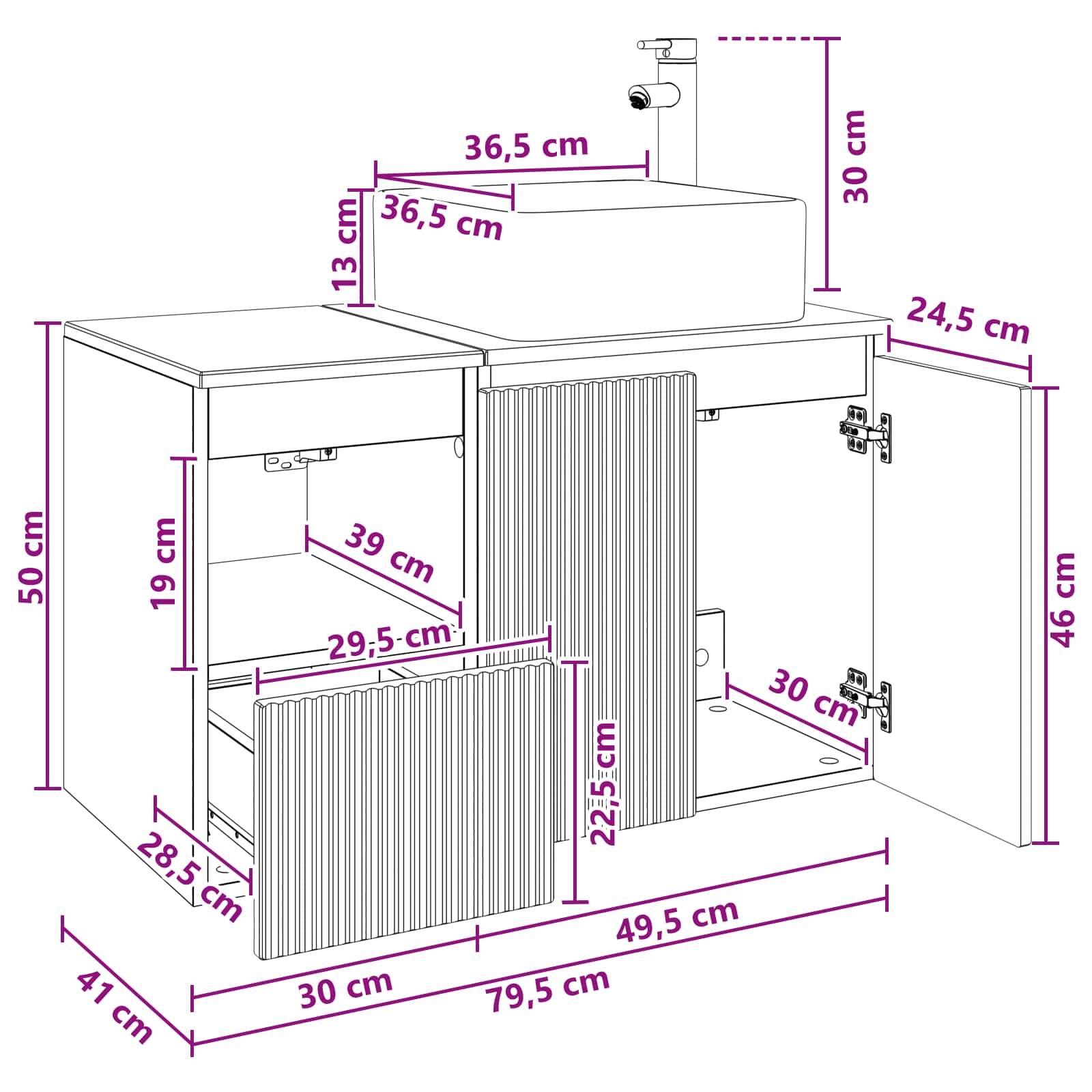Diagramm eines Badezimmer-Waschtischunterschranks mit Waschbecken und Armatur, das Abmessungen in Zentimetern für Höhe, Breite, Tiefe und internen Stauraum zeigt.