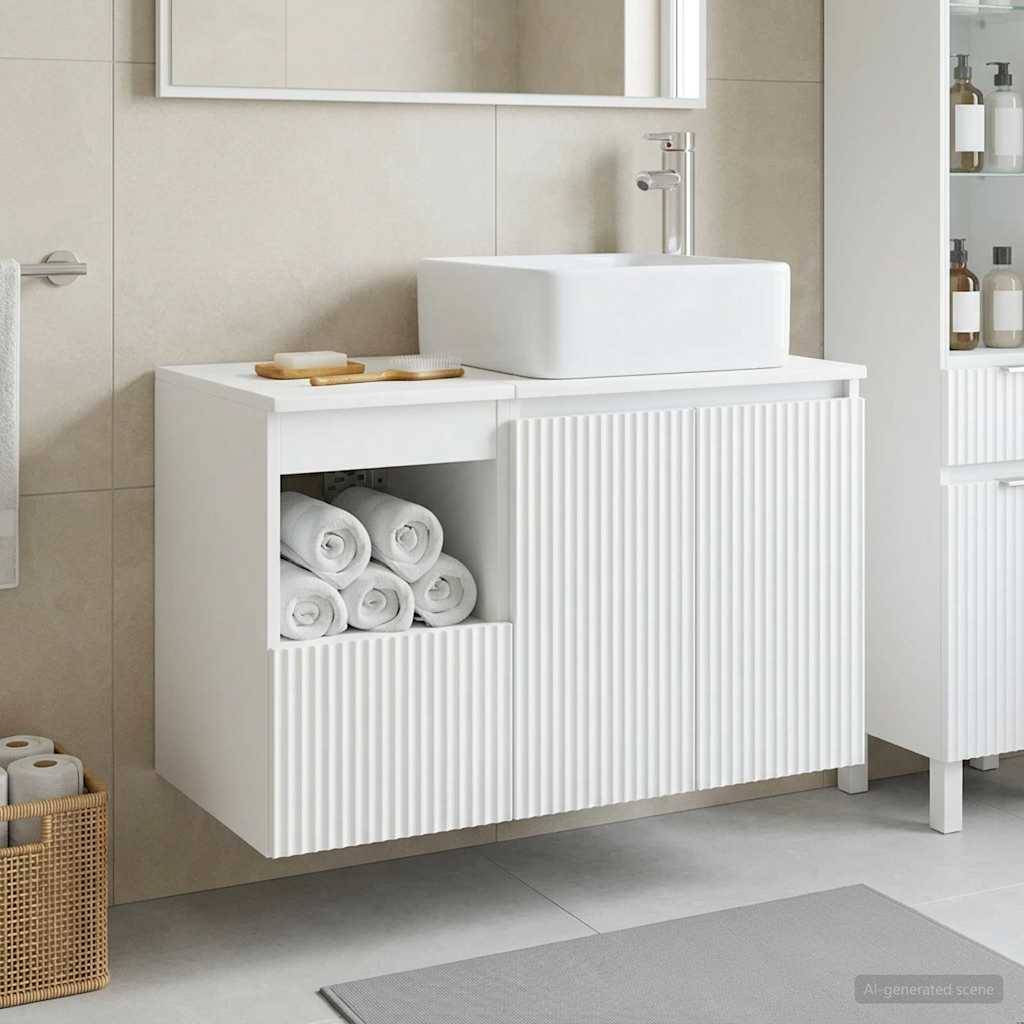 Modernes Badezimmerschrank mit weißem Waschbecken und geripptem Schrank, offenes Regal mit aufgerollten Handtüchern und Seife oben; geflochtener Korb und passender Aufbewahrungsschrank in der Nähe.