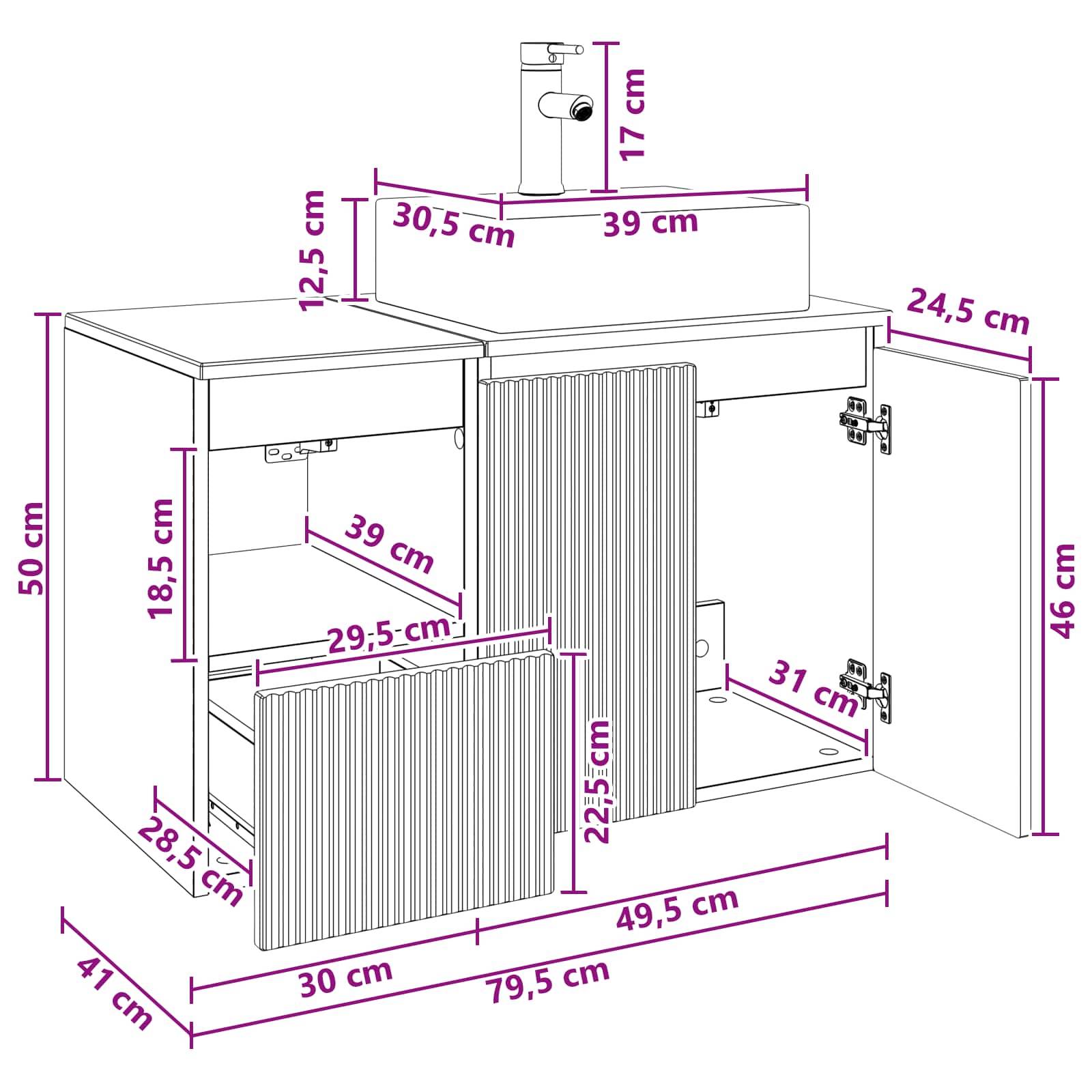 Annotiertes Badezimmer-Waschtischschrank-Diagramm mit Waschbecken, das Maße in cm für Gesamtgröße, Schubladen, Türen und Innenraum anzeigt.