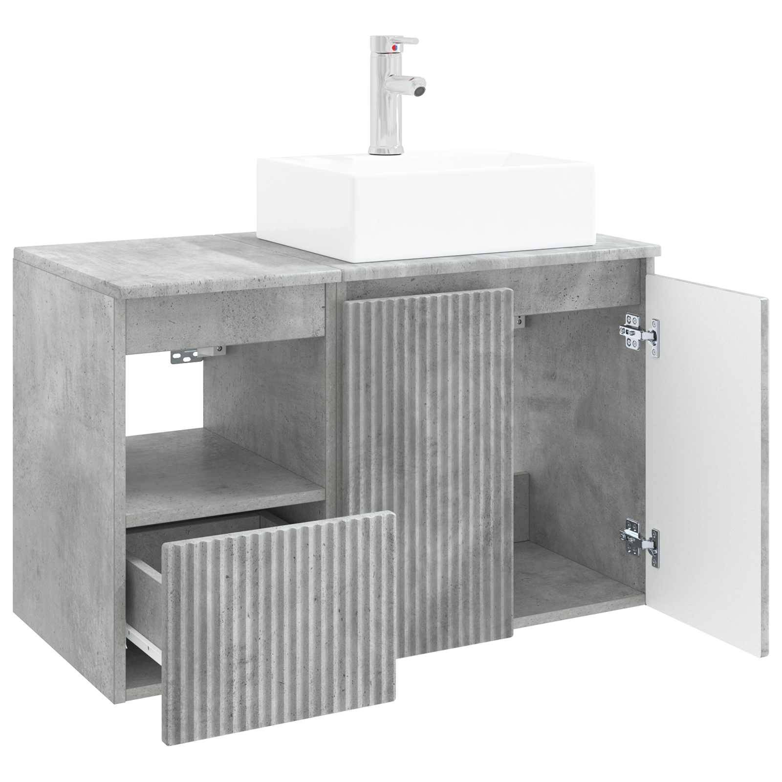 Modernes Badezimmer-Waschtisch aus Beton mit Waschbecken und Armatur, mit zwei Schrankdüren und einem offenen Regelfach.