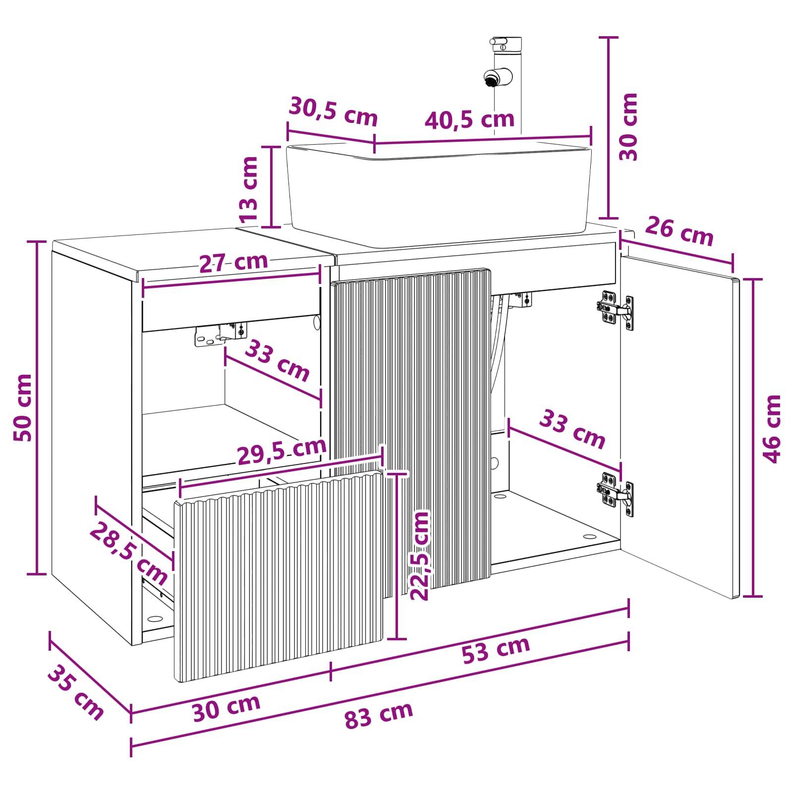 Annotiertes Badezimmerschrank-Waschtischdiagramm mit Waschbecken, das Abmessungen in Zentimetern für den Schrank, Türen und das Becken zeigt.