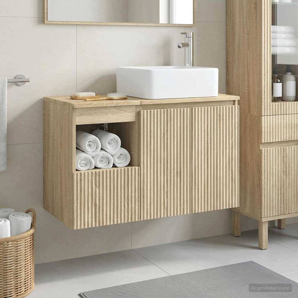 Schwebendes Badezimmerwaschbecken aus hellem Holz mit weißem Waschbecken und verborgenem Handtuchtaberlager, dargestellt in einem minimalistischen Badezimmerdesign.