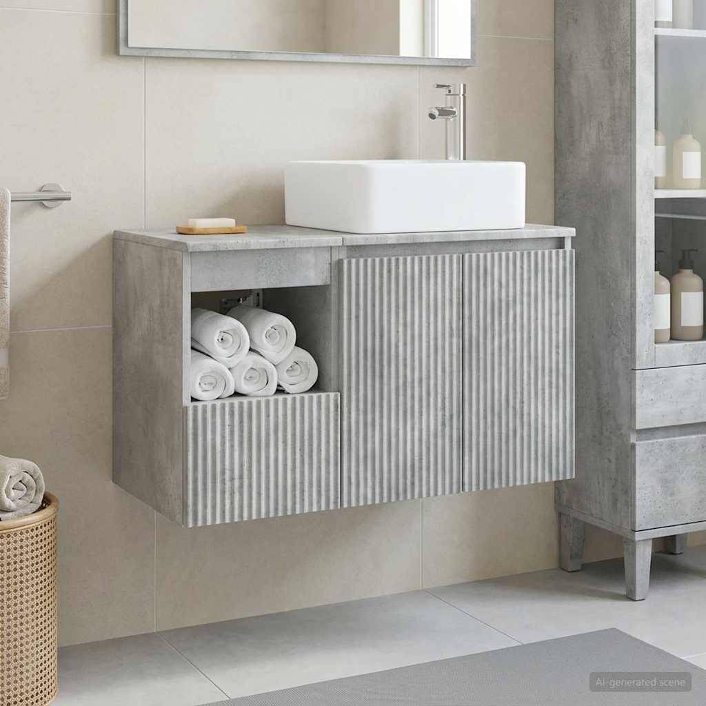 Modernes Badezimmerwaschtisch mit weißem Becken und Armatur, grauem geripptem Unterschrank, offener Handtuchwfläche und passendem Regalsystem.