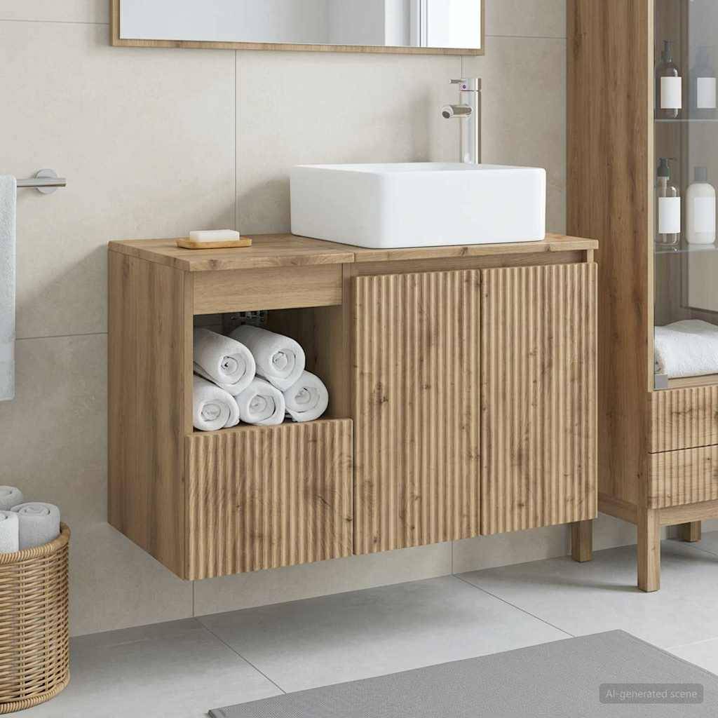 Modernes Badezimmer-Waschtisch mit weißem Aufsatzwaschbecken, Holzschrank, offener Handtuchtragfläche und passendem Spiegel und Regalen