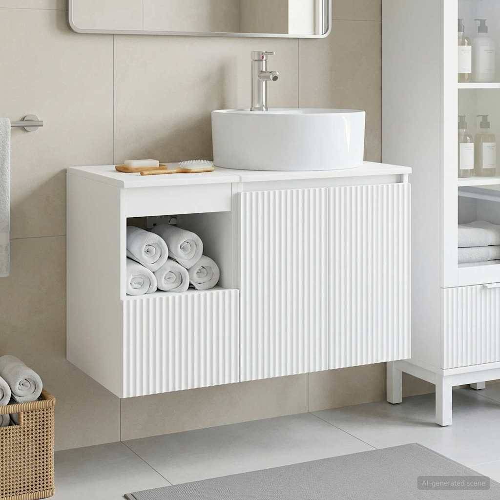 Modernes, an der Wand montiertes Badezimmer-Waschtisch in Weiß mit rundem Waschbecken, Spiegel, offenem Handtuchtablar und gerillten Schranktüren in einem hellen, minimalistischen Badezimmer.