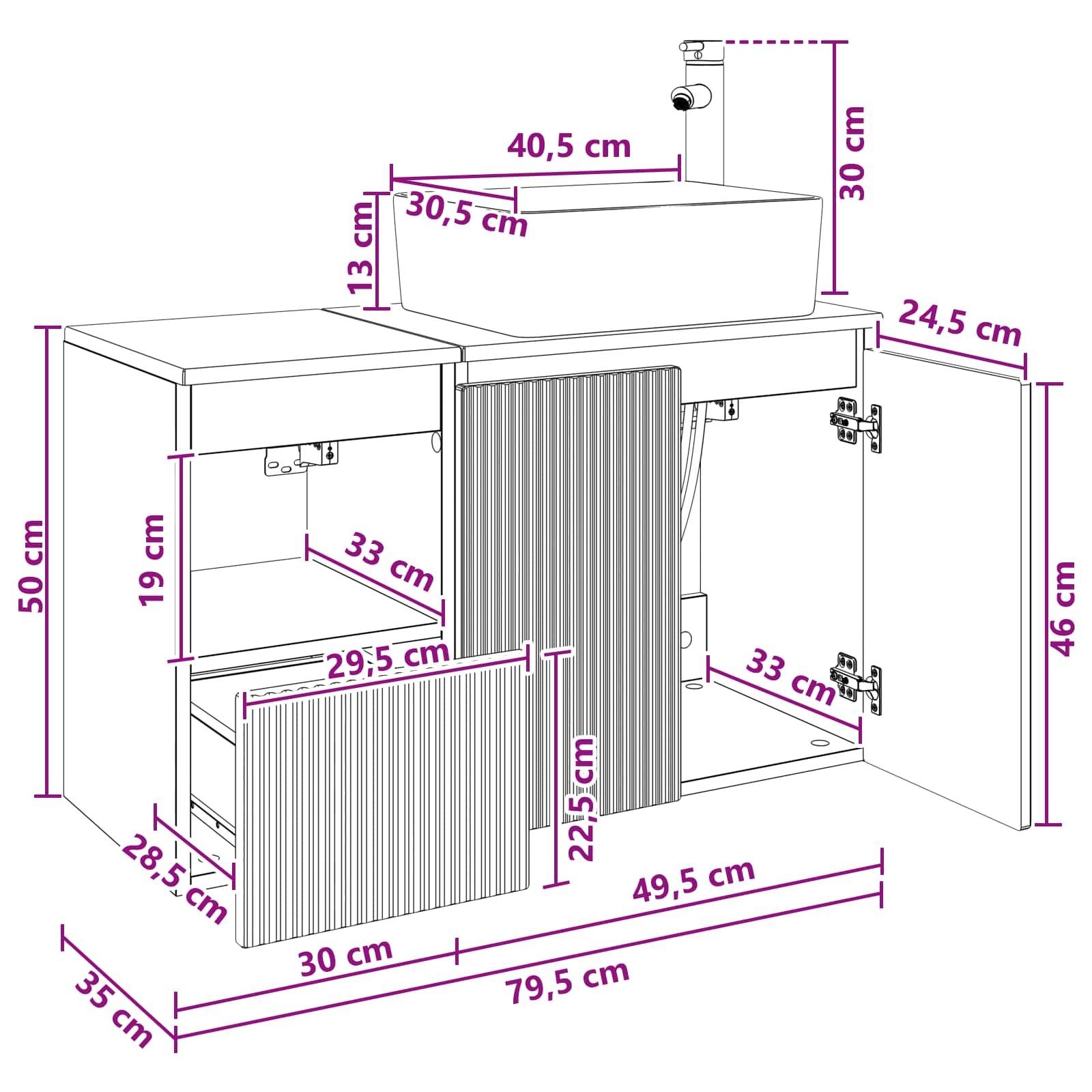 Schrank-Maßstabzeichnung mit einer Spüleneinheit mit zwei Türen und einem mittleren ausziehbaren Panel; Maße in Zentimetern gekennzeichnet, einschließlich Gesamtbreite 79,5 cm und Höhe 50 cm.
