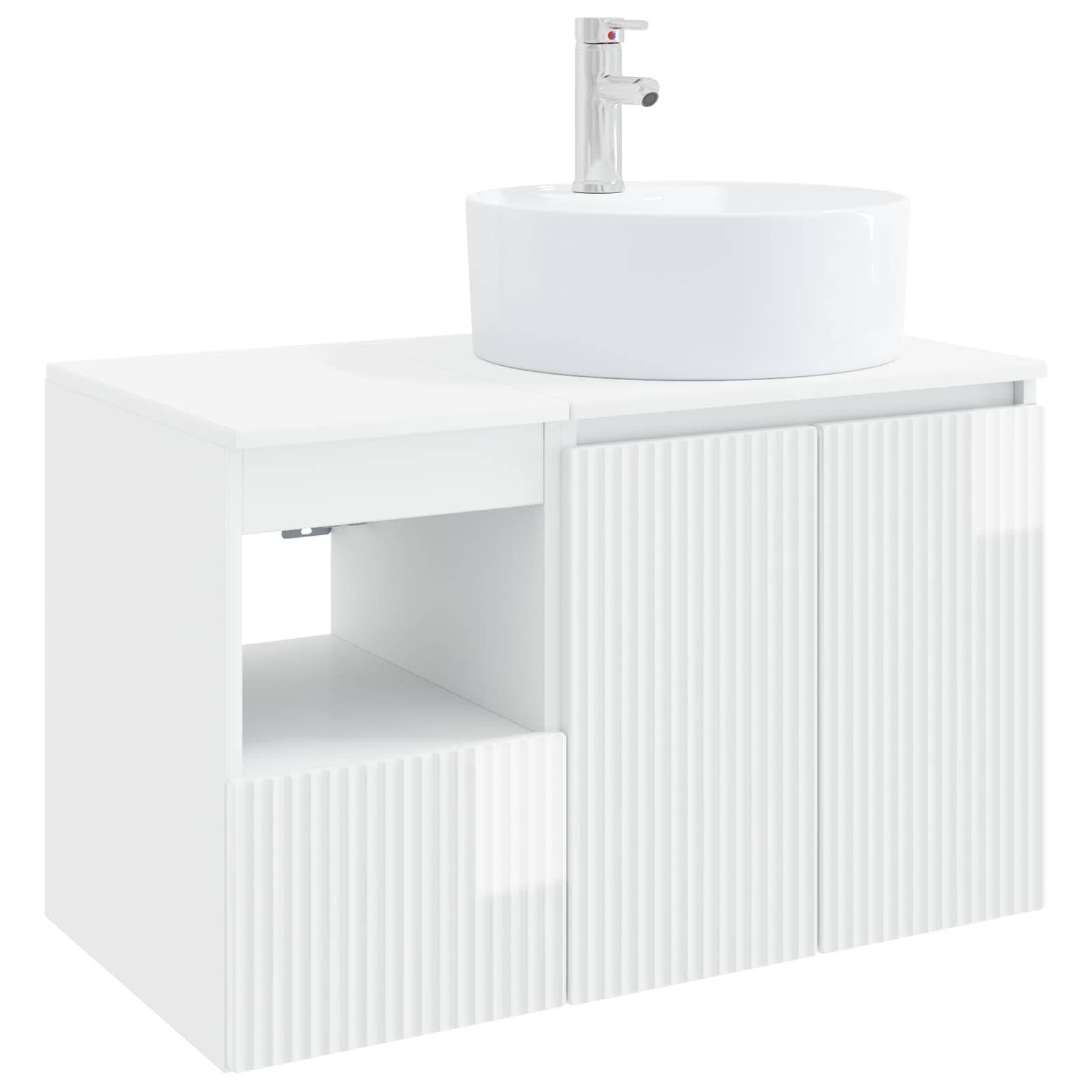 Weiß modernes Badezimmer-Waschtischschrank mit runder Arbeitsplatte-Waschbecken und Einfach-Armatur, mit gerillten Schranktüren und offenes Regalbfach.