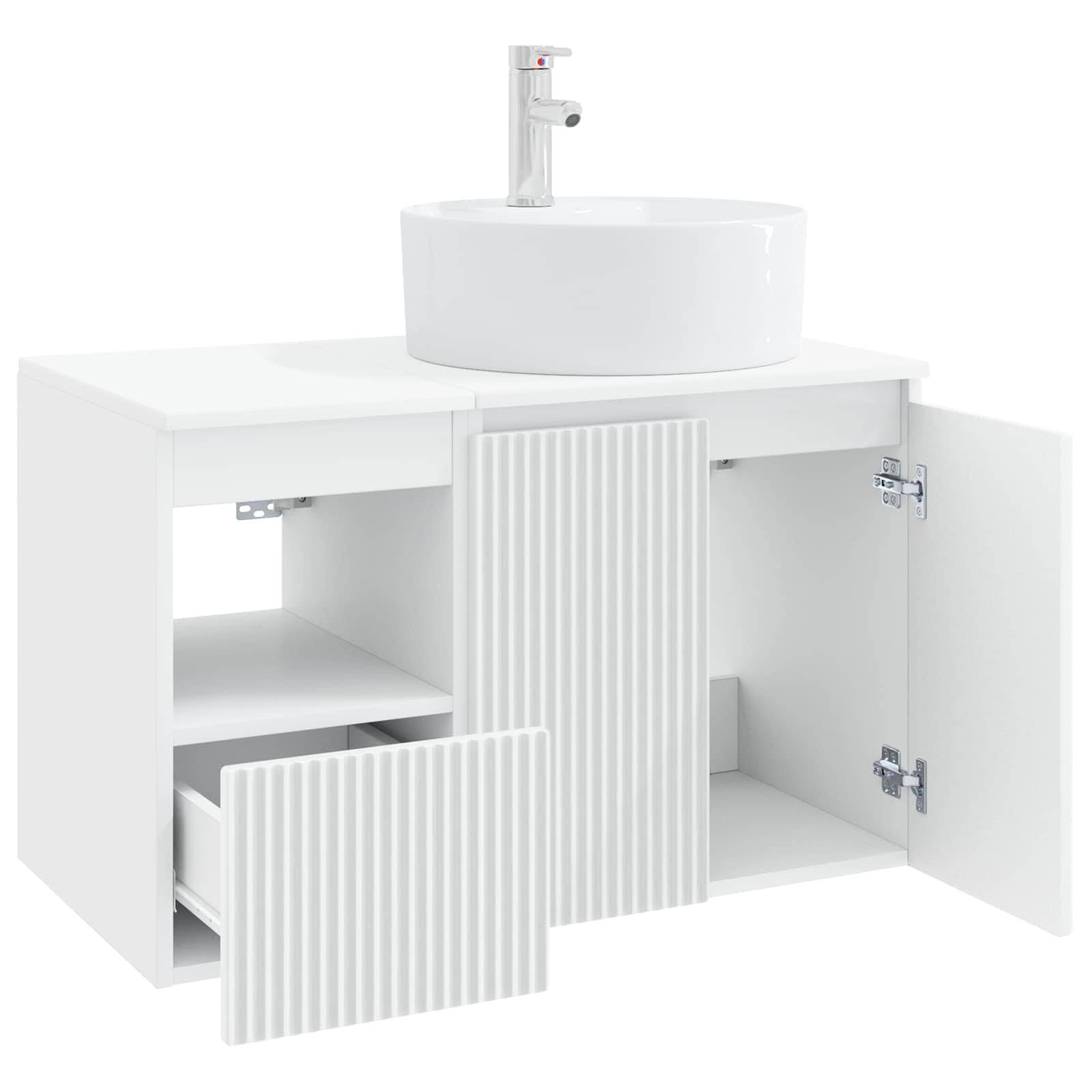 Weiße Badezimmereitelkeit mit rundem Aufsatzwaschbecken und Wasserhahn, dargestellt mit offenen Türen, um Innenschränke und Schubladenspeicher zu zeigen.
