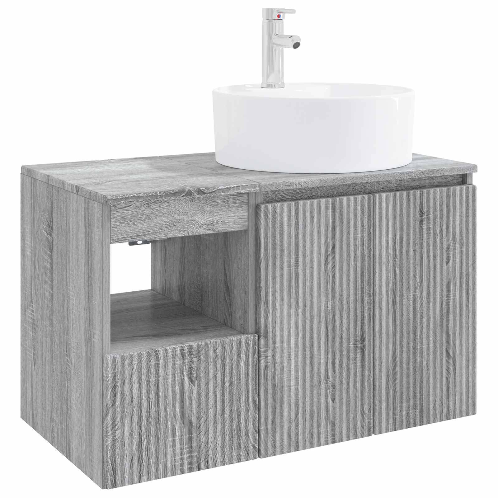 Grauer Holz-Waschtischschrank mit offenes Regal und geschlossener Tür, gekrönt durch ein weißes Aufsatzwaschbecken und Armatur.