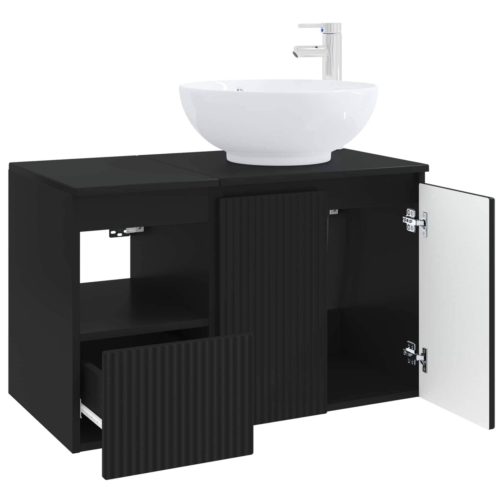 Schwarzes Badezimmer-Waschtischschrank mit integriertem weißem Aufsatzwaschbecken und Armatur; eine Tür und ein Frontpaneel sind offen und zeigen den Stauraum im Inneren.