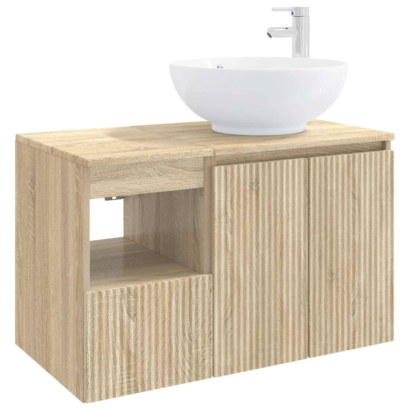 Helles Holz-Badezimmerschrank mit integriertem weißem Waschbecken und Armatur, mit offener Seitenkonsole und zweitüriger Lagerkammer.