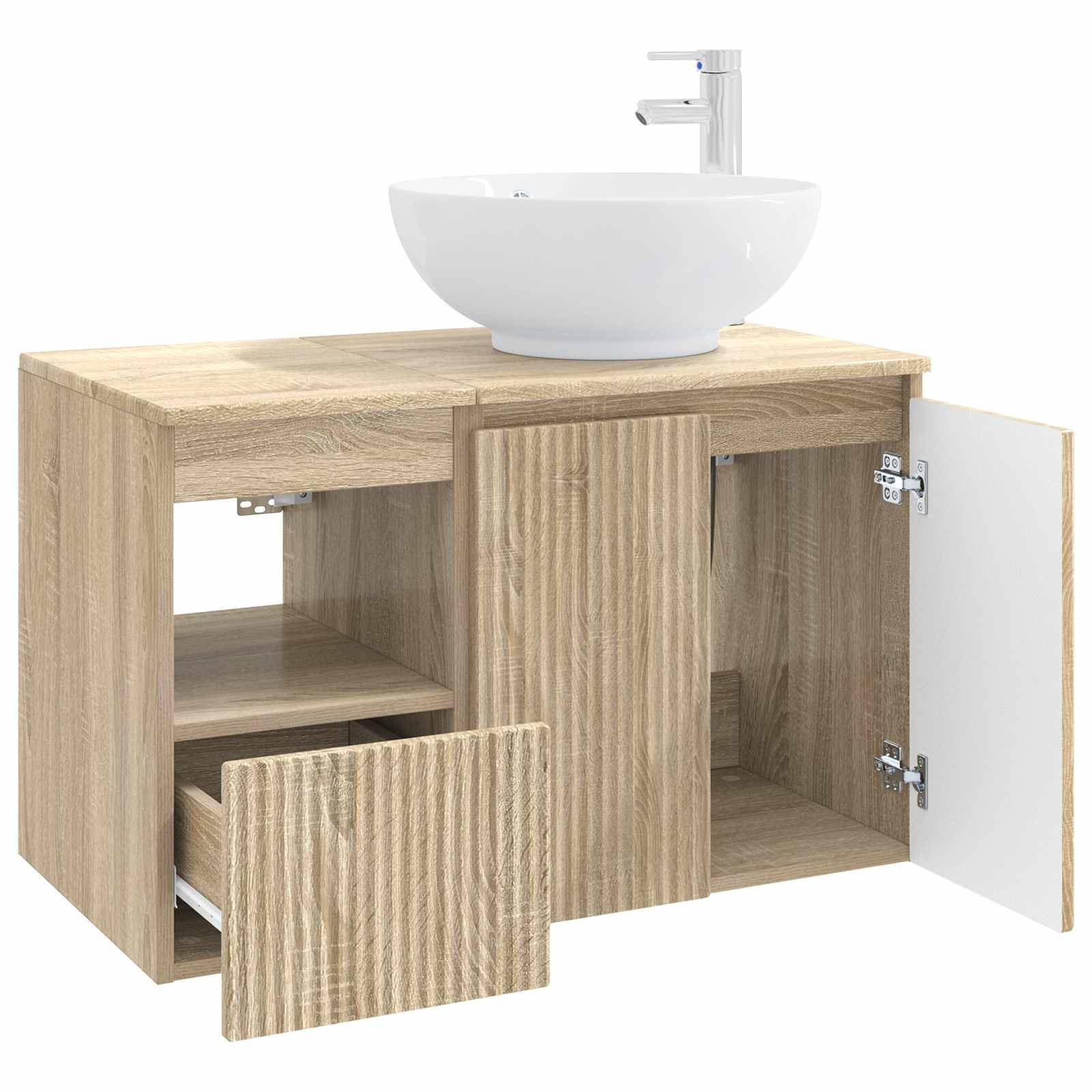 Holzwaschtischunterschrank im Badezimmer mit weißem Aufsatzwaschbecken und Armatur, gezeigt mit offenen Türen und Schubladen, um die inneren Lagerfächer zu zeigen.