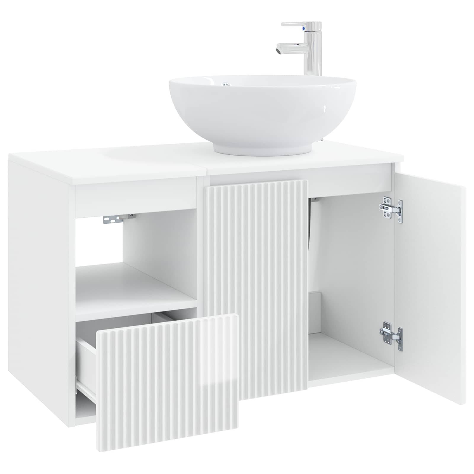 Weiße Badezimmerkommode mit Aufsatzwaschbecken und Armatur, mit offenen Regalen, Schublade und Schrankstauraum, dargestellt mit offenen Türen und Schublade.