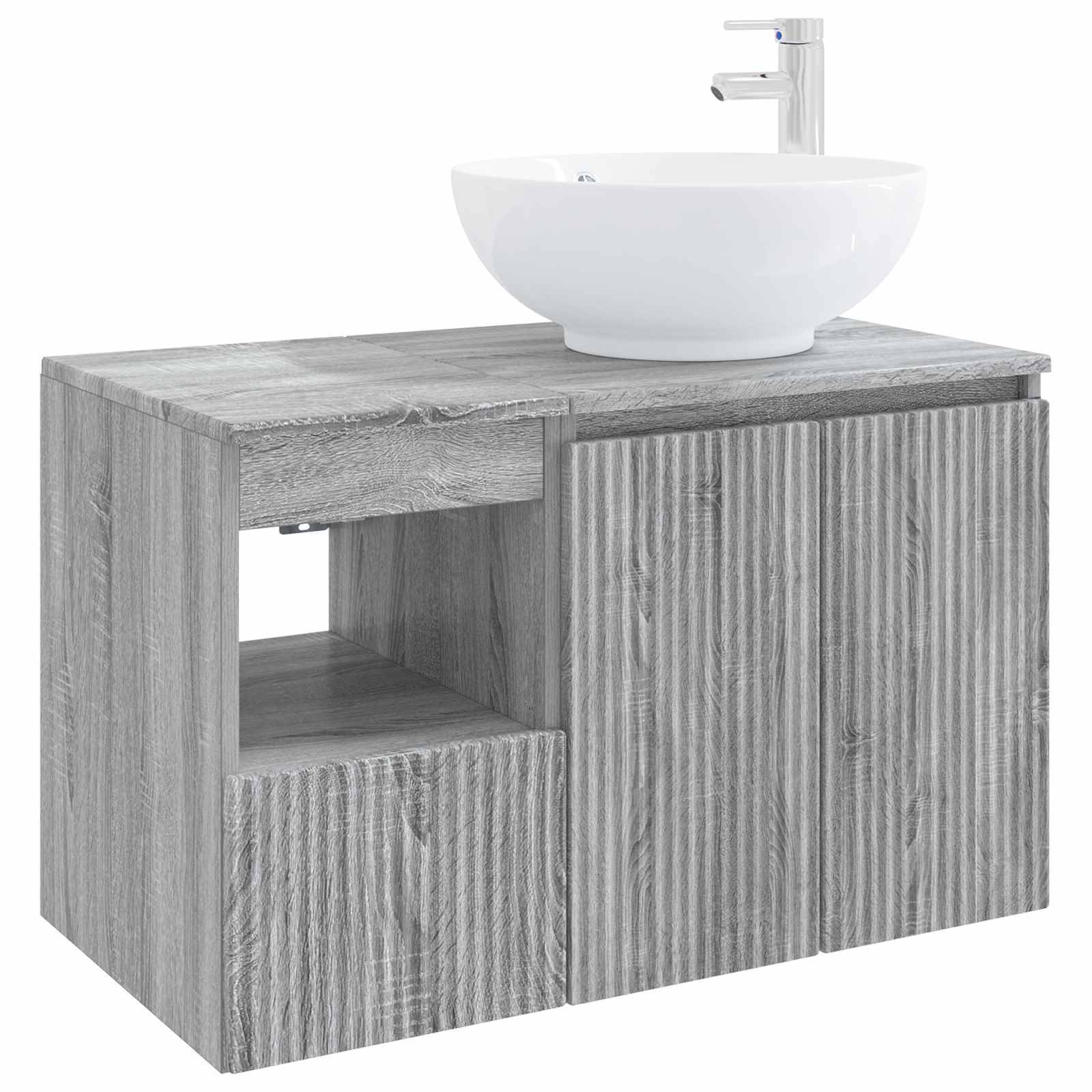 Grauer Waschtisch mit Holzmaserung und integriertem weißem Aufsatzwaschbecken und Armatur, mit offenen Fächern und Schrankstauraum.