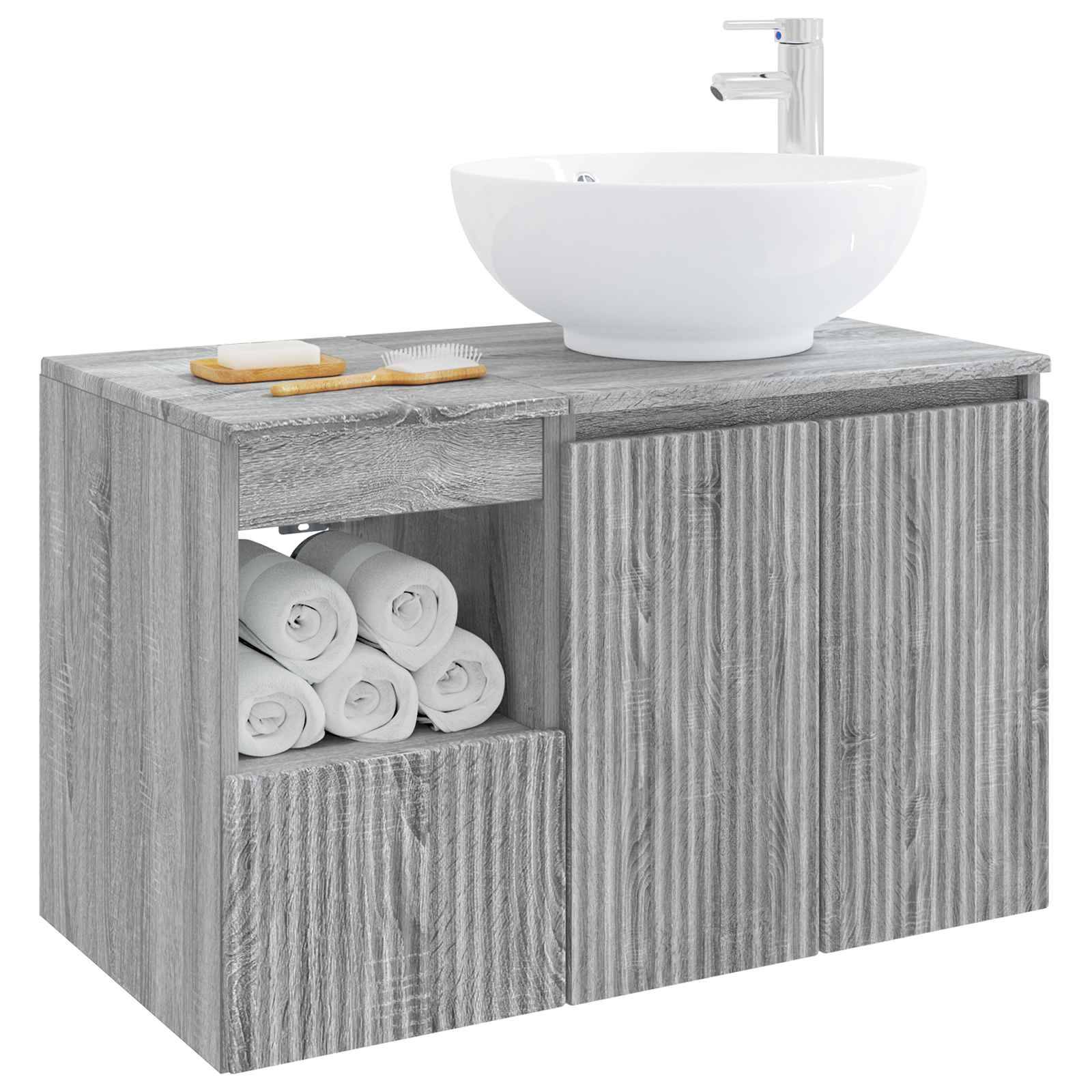 Grauschwarz strukturiertes Badezimmerwaschbecken mit weißem Aufsatzwaschbecken und Armatur, plus offenes Handtuchregal, Schublade und Schrankür.