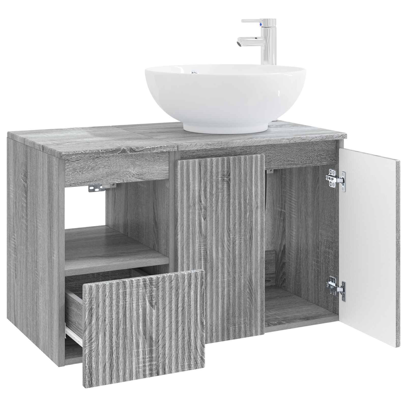 Grauer Badezimmerwaschtisch mit Holzmaserung, weißem Aufsatzwaschbecken und Chromarmatur, mit offenen Türen und innenliegenden Regalen.