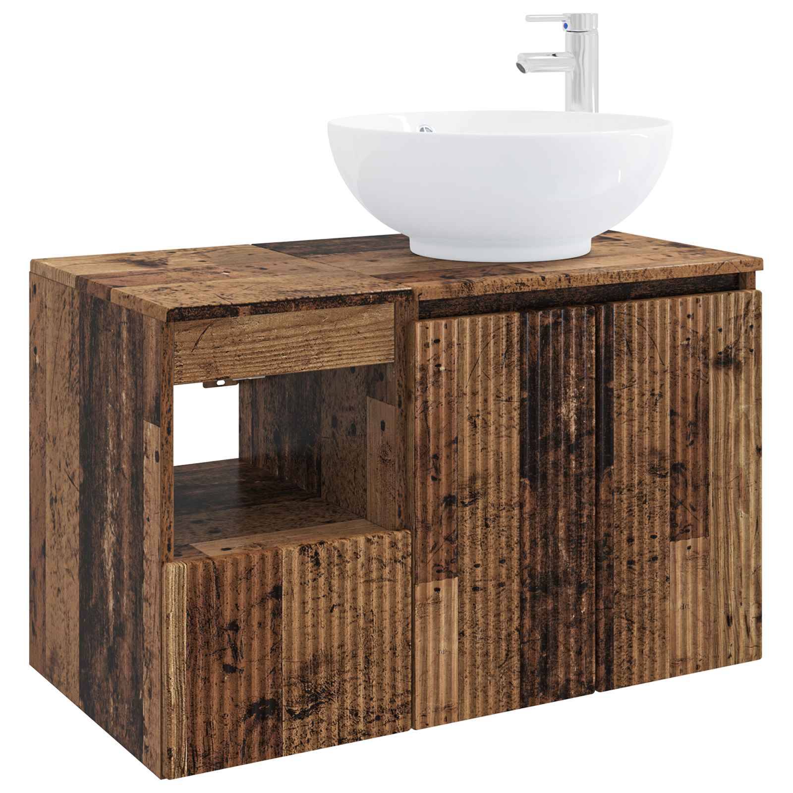 Holzwaschtischschrank im Badezimmer mit weißem Aufsatzwaschbecken und Chromarmatur, mit offenen Regalen auf der linken Seite und einem zweitürigen Schrank auf der rechten Seite.
