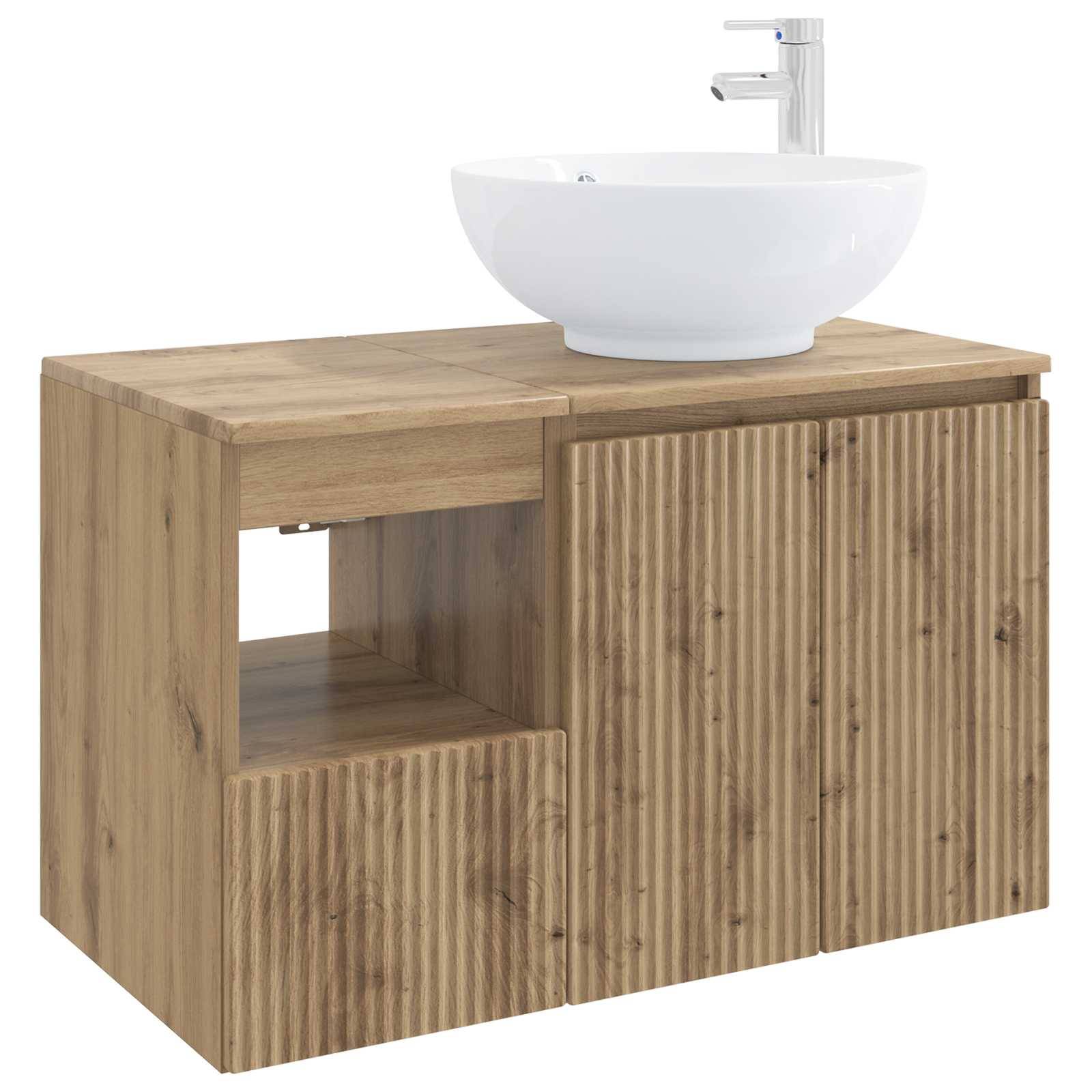 Holzwaschbeckenunterschrank mit rundem weißem Waschbecken und Chromarmatur, mit offenen Regalbrett und gerippter Schranktür.