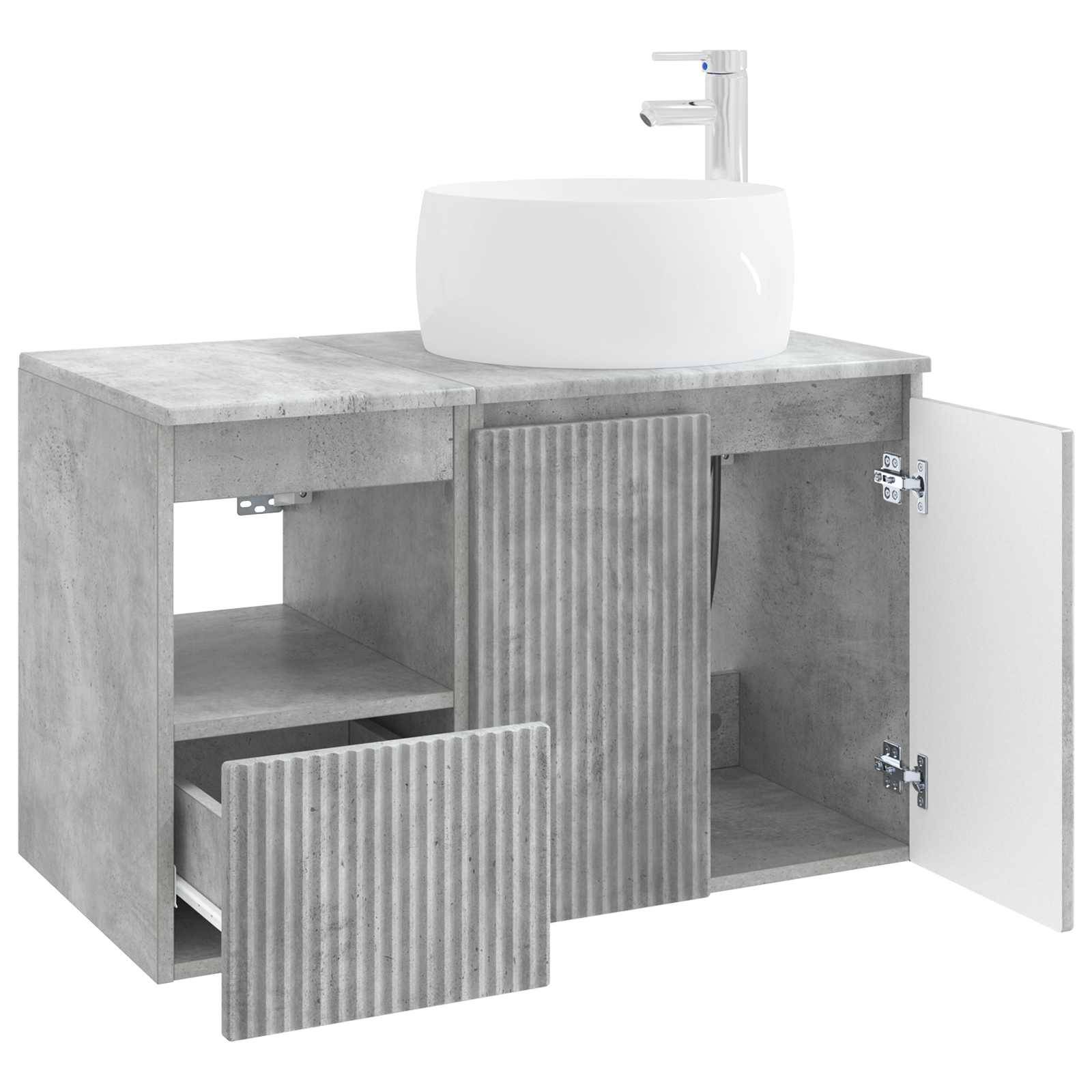 Modernes Badezimmer-Waschtisch mit rundem weißem Waschbecken und Armatur, Schrank mit Betonoptik, eine offene Tür, eine herausgezogene Schublade und gerillte Frontpaneele.