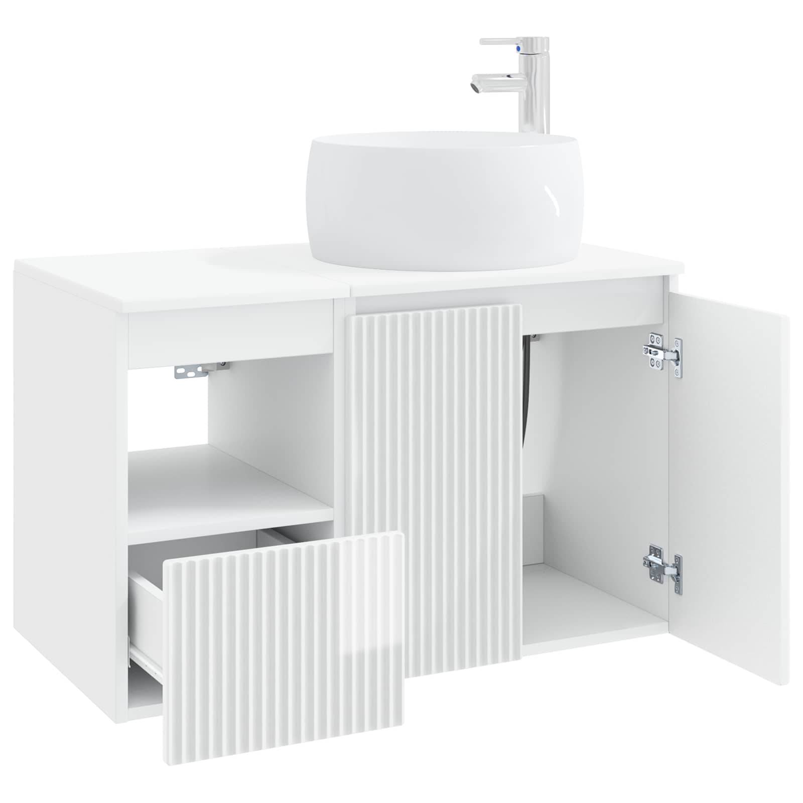 Weißes Badezimmer-Waschtischschrank mit rundem Waschbecken und Armatur, zeigt offene Aufbewahrungsfächer, eine Schublade und zwei Türen, eine offen und eine teilweise geschlossen.