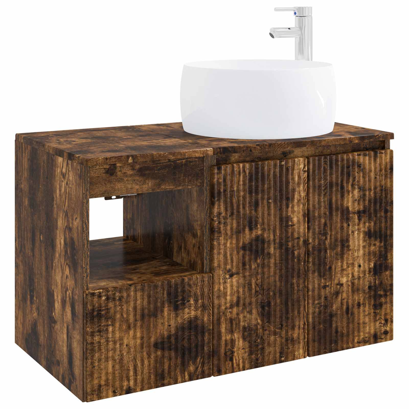 Rustikales Holzbadezimmermöbel mit offenem Regal und Schrank, gekrönt von einem weißen runden Aufsatzwaschbecken und Chromarmatur.