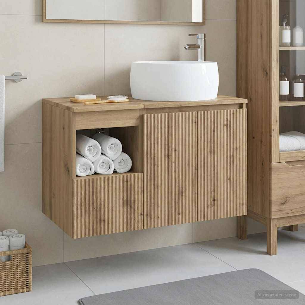 Modernes Badezimmer-Waschtischset mit wandmontiertem Holzschrank, weißem Aufsatzwaschbecken, offenes Handtuchwregal und passendes Lagerelement.