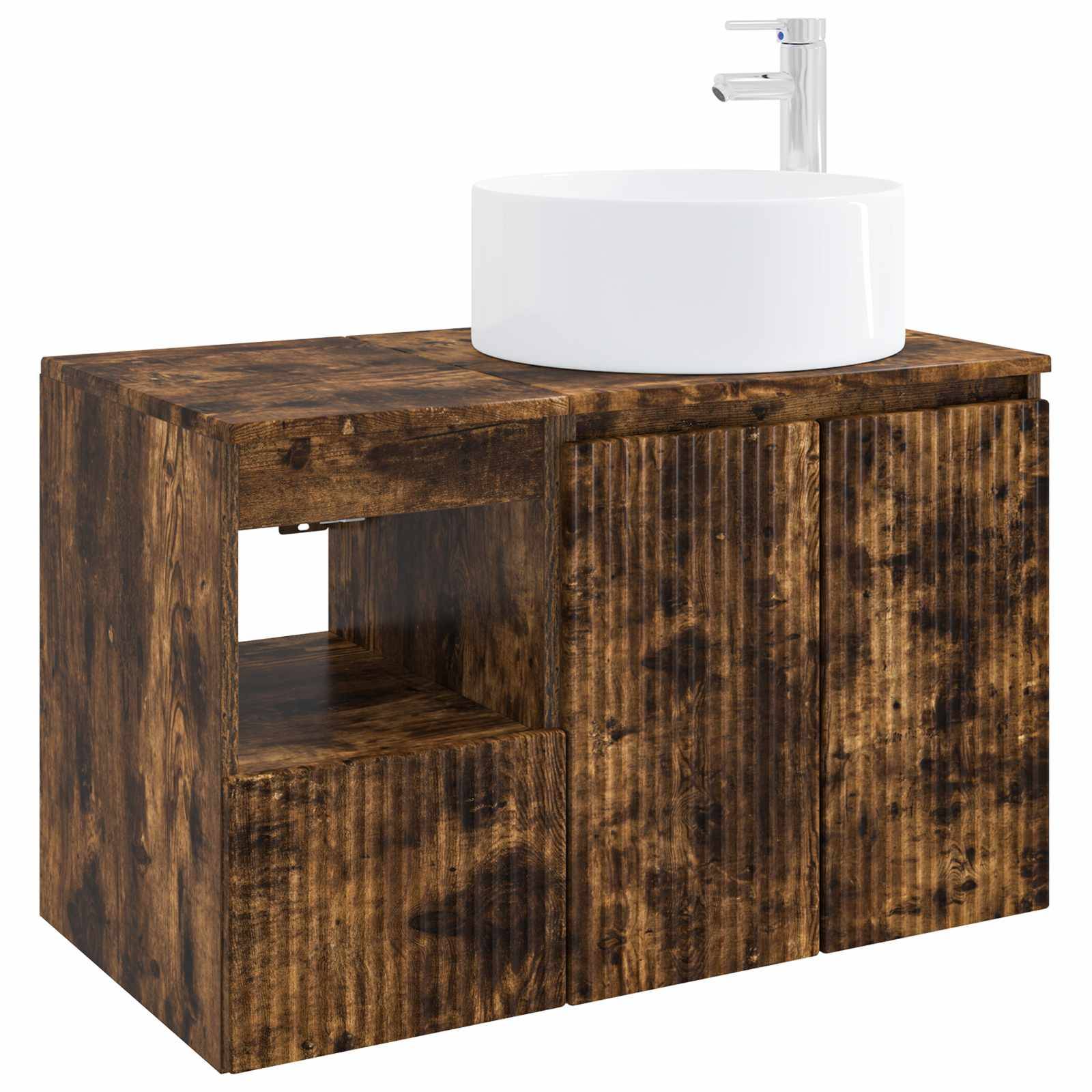 Rustikales Waschbeckenunterschrank aus Holz mit rundem weißem Waschbecken und Armatur, mit offenem Regal und Schranktür.