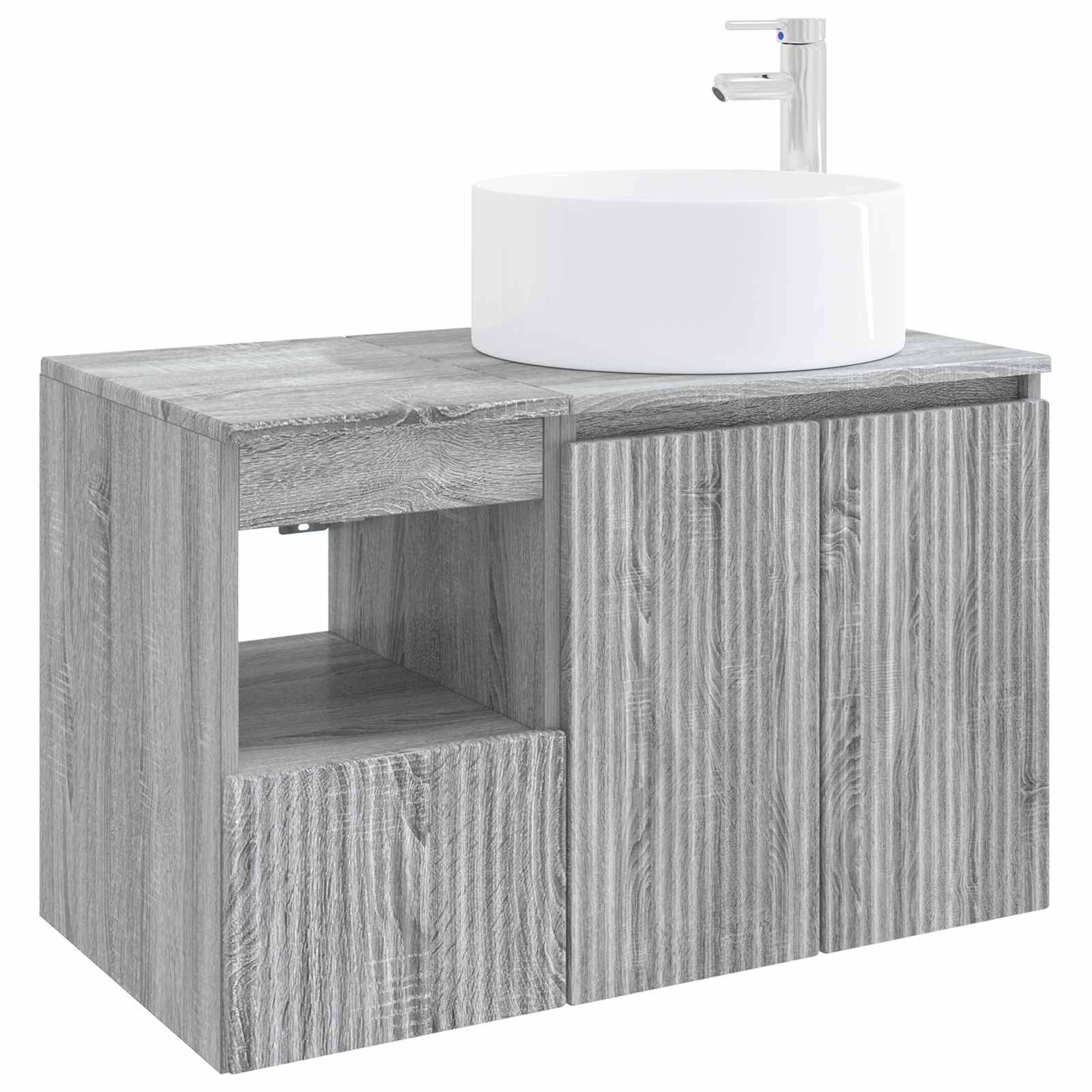 Grauer Waschtischschrank aus Holz mit einem offenen Regal und zwei Türen, bekrönt durch ein rundes weißes Waschbecken und einen Chromwasserhahn.