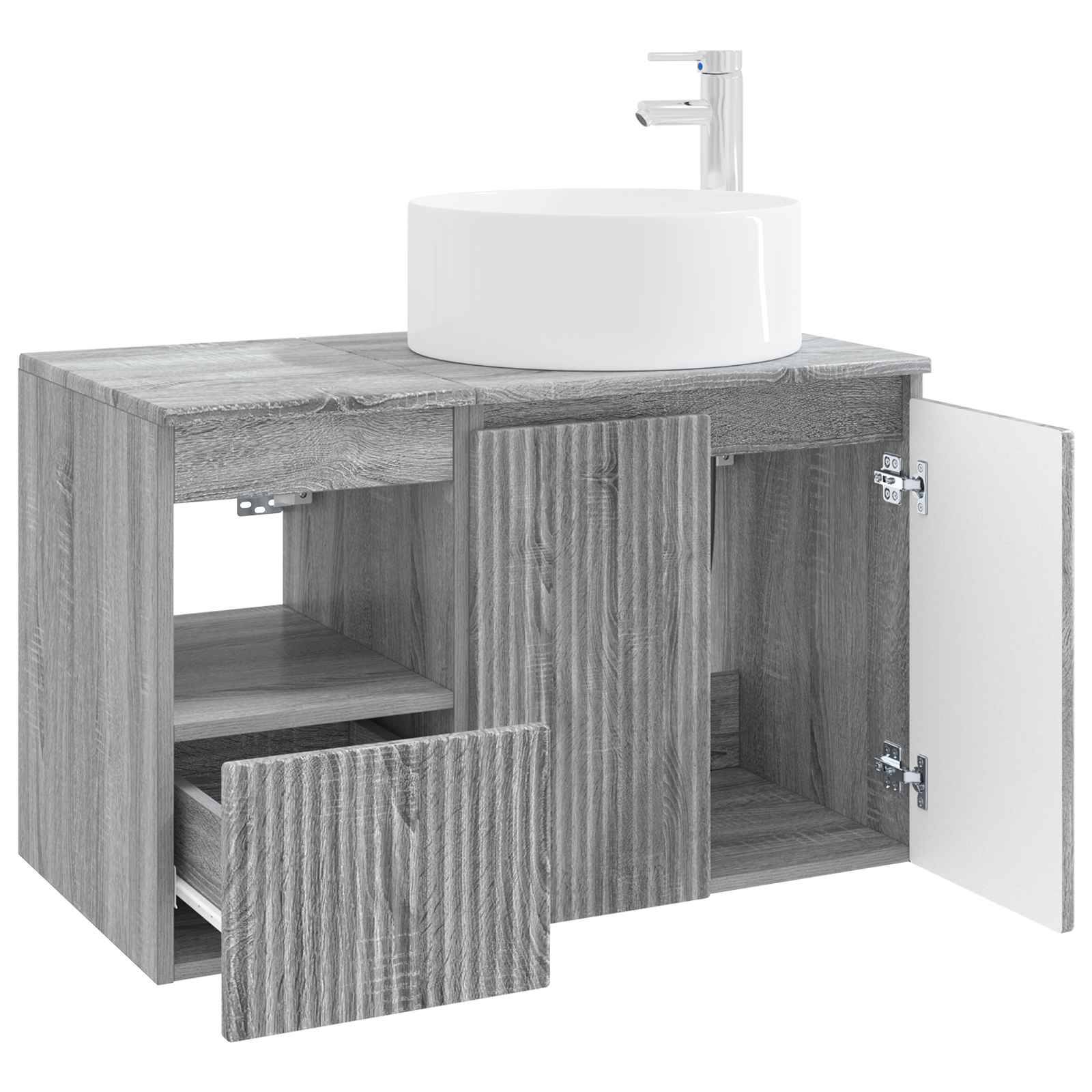 Grauholz-Badezimmerschrank mit rundem weißem Waschbecken und Wasserhahn; eine Schranktur steht offen und zeigt innere Regale und Schubladenspeicher.