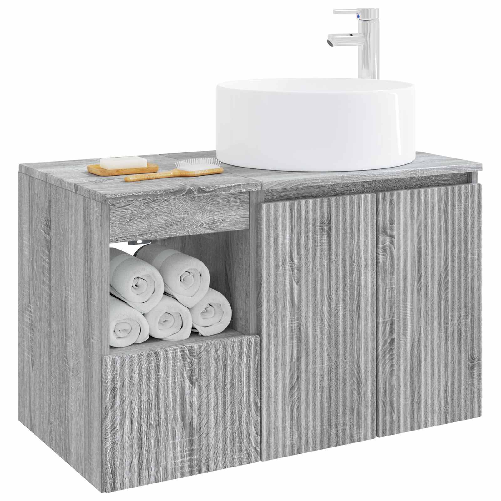 Graues Holz-Waschtischschrank mit weißem Aufsatzwaschbecken und Armatur, mit offener Handtuchwagen und kleiner Schublade.