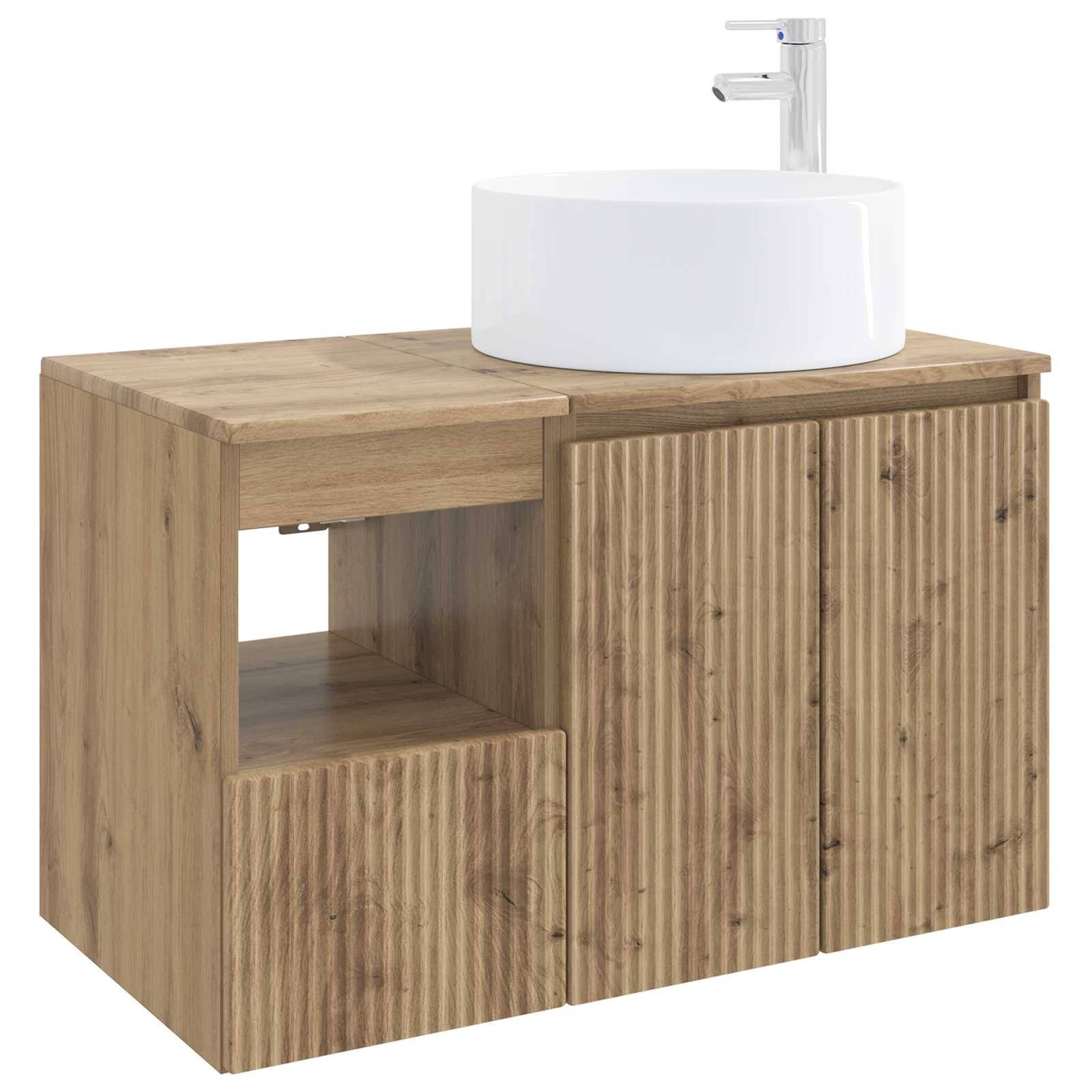 Holzwaschbeckenunterschrank mit integriertem weißem rundem Waschbecken und Wasserhahn, mit offenem Regal und zwei vorderen Türen.