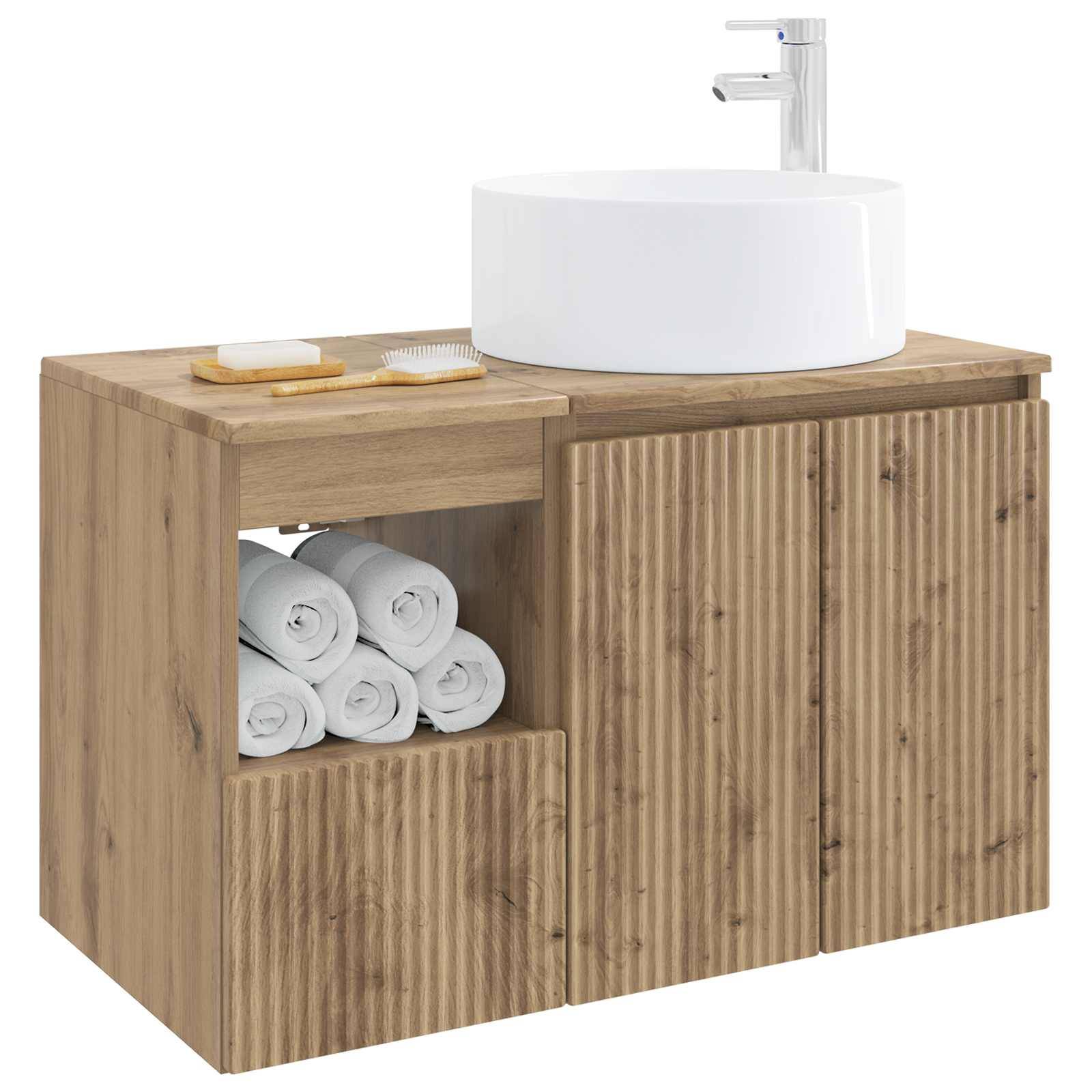 Holzwaschtischschrank für das Badezimmer mit weißer Arbeitsplattenwaschtisch, offenem Handtuchregal und Zweitüriger Lagerschrank.