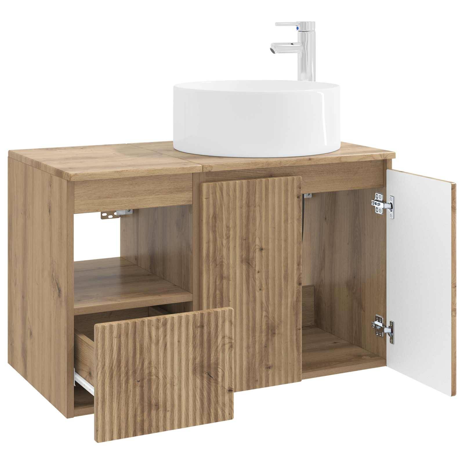 Holzwaschbecken-Unterschrank mit rundem weißem Waschbecken und Armatur, mit offener linker Schublade, offener mittlerer Tür und offener rechter Tür, um den Stauraum zu zeigen.