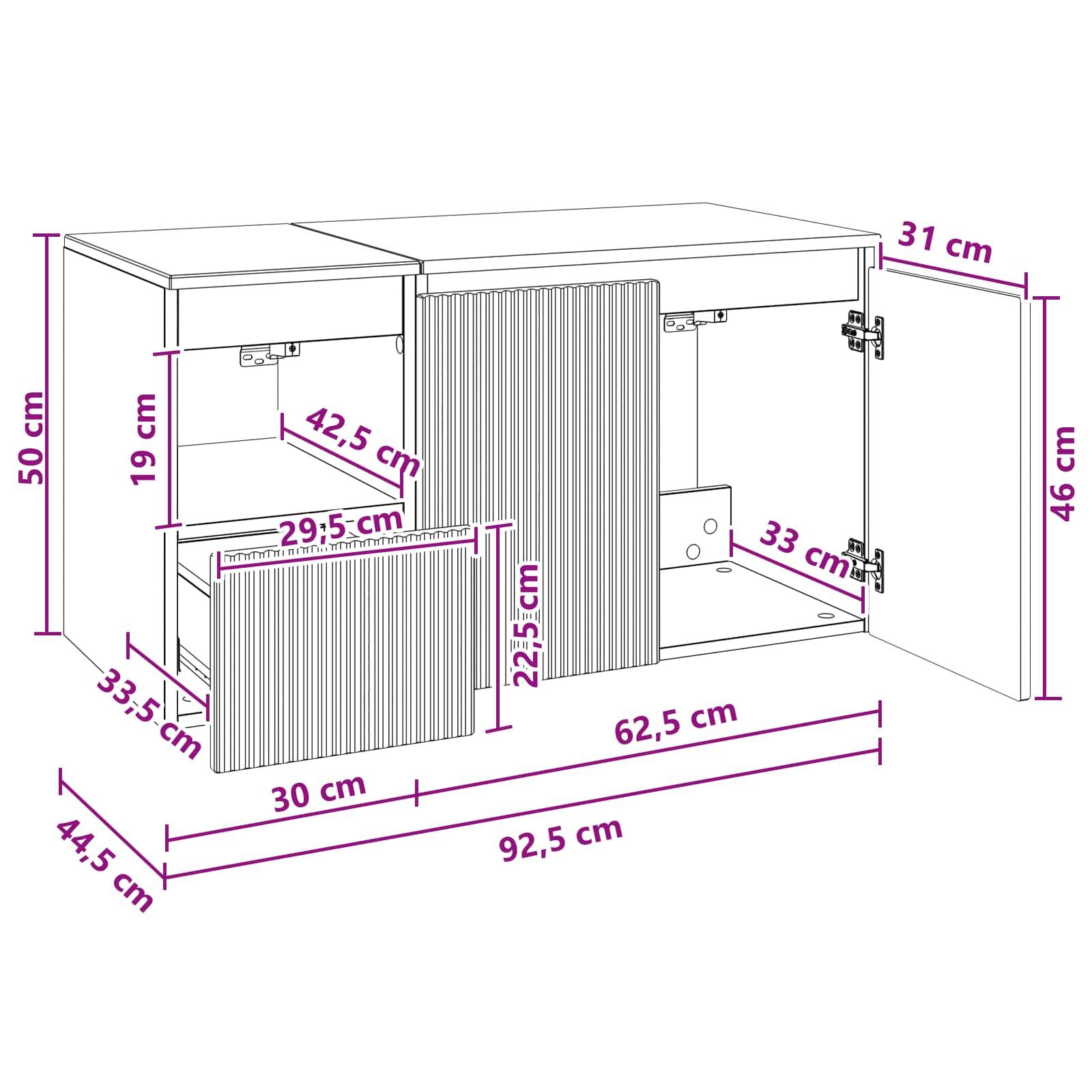 Maßstabgetreue Zeichnung eines weißen Schranks mit geöffneten Türen und ausziehbarem Frontpaneel, das Lagerungsabteile und Messwerte in cm zeigt.