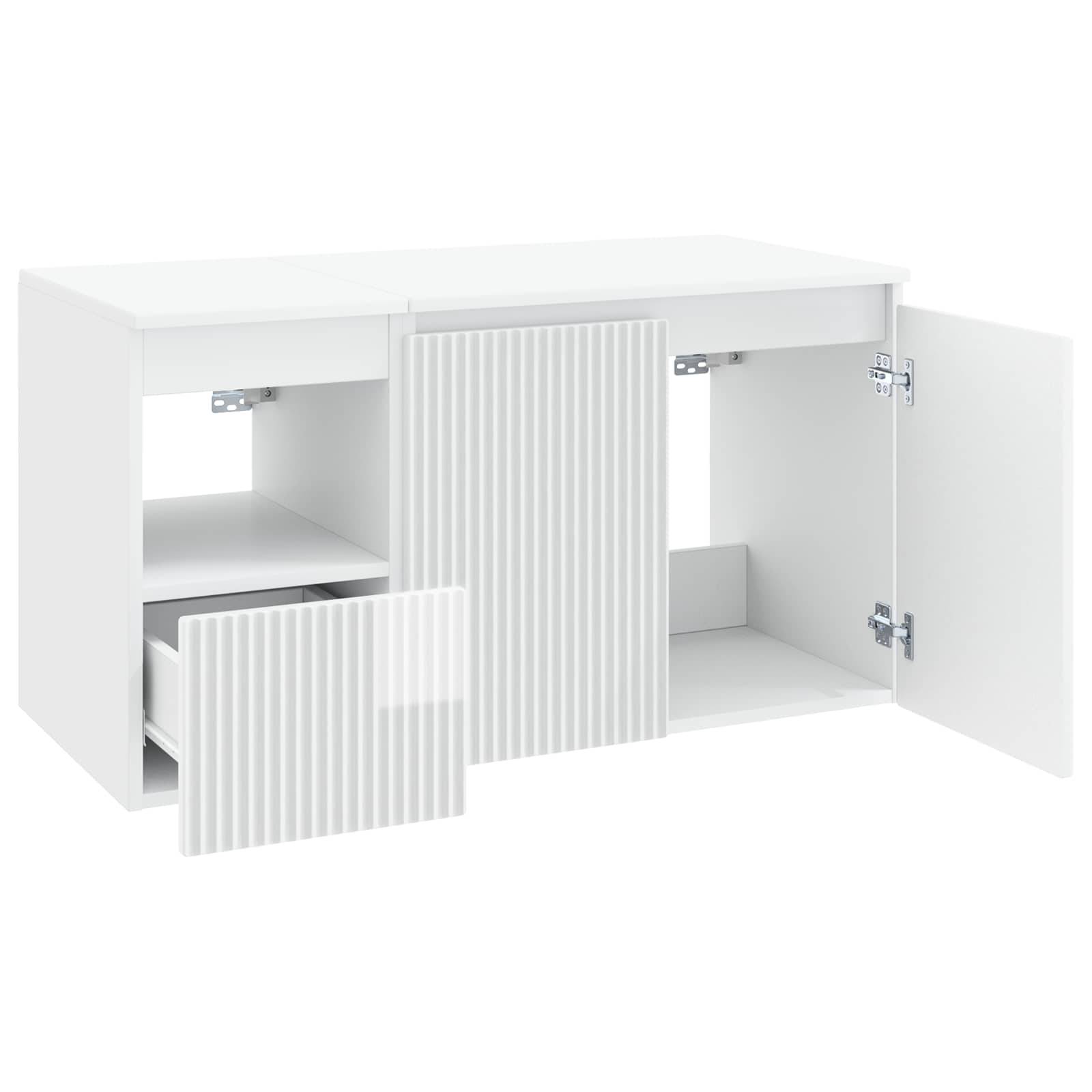 Weißer modularer Schrank mit zwei offenen Frontpaneelen, der verstellbare Regale und Fächer im Inneren zeigt.