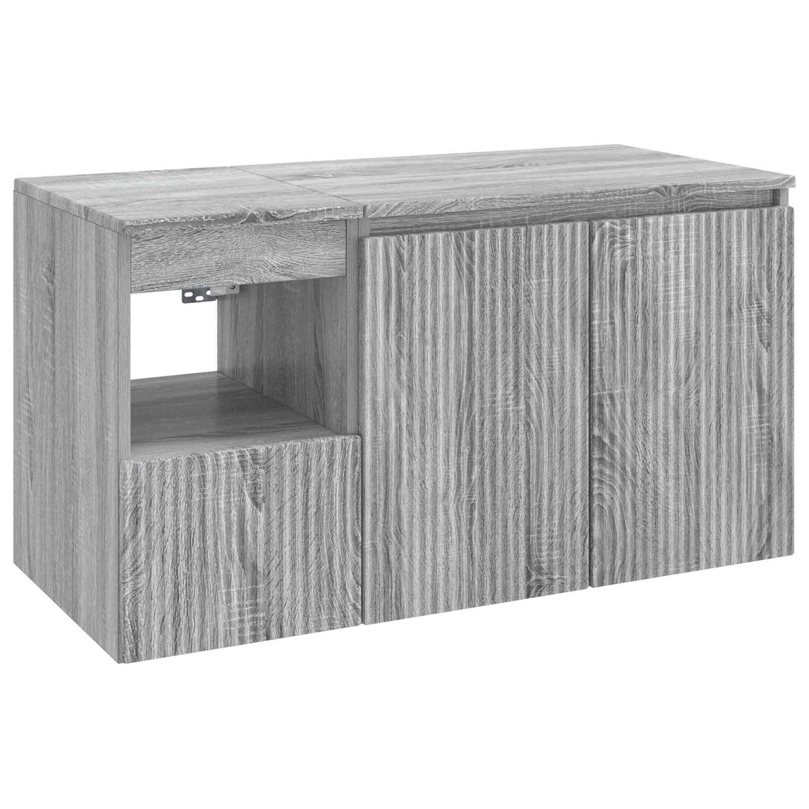 Grauer Sideboard-Schrank mit Holzmaserung, zwei Türen, einer unteren Schublade und einem offenen Regal auf der linken Seite.