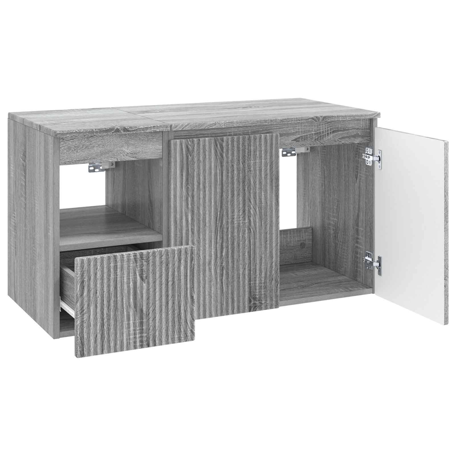 Speicherschrank mit Holzmaserung mit zwei offenen Fächern und Scharnirtüren, wobei eine Tür offen ist, um die inneren Regale und die Beschläge zu zeigen.