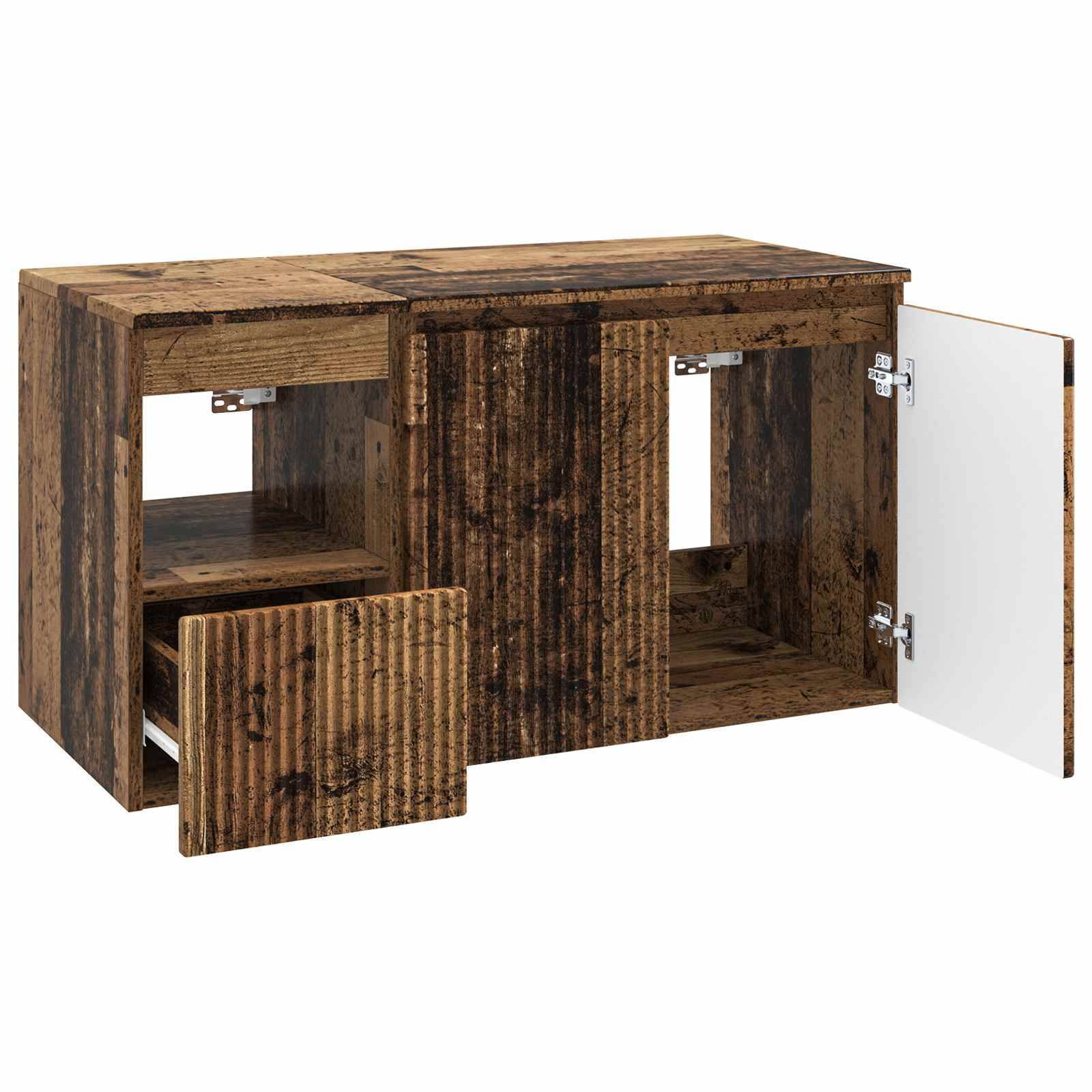Holzkasten-Stil-Schrank mit zwei offenen vorderen Fächern und Türen, gezeigt vor weißem Hintergrund.