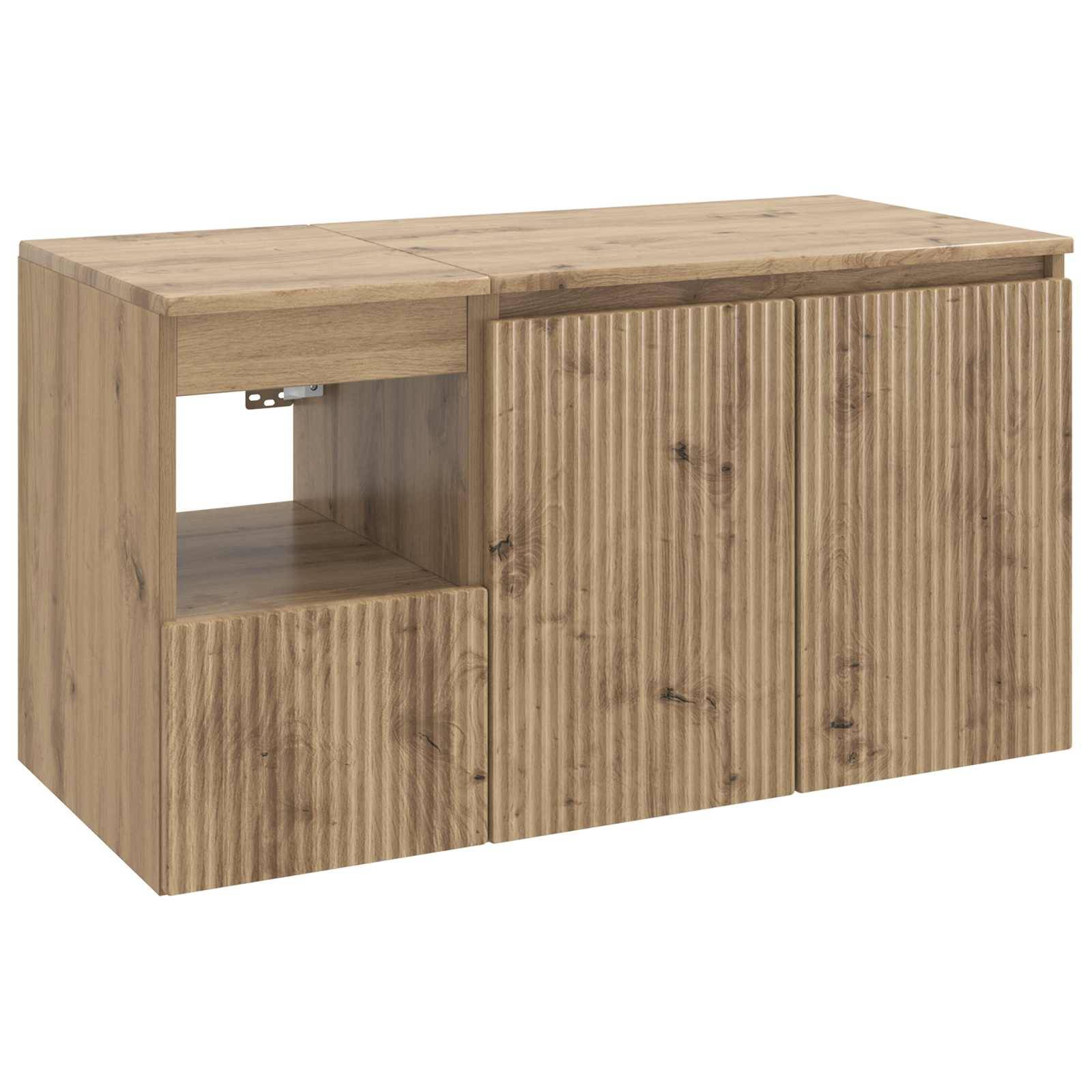 Holzlagerschrank mit einer Oberflache, offenes Fach auf der linken Seite und zwei vordere Schranktüren auf der rechten Seite.