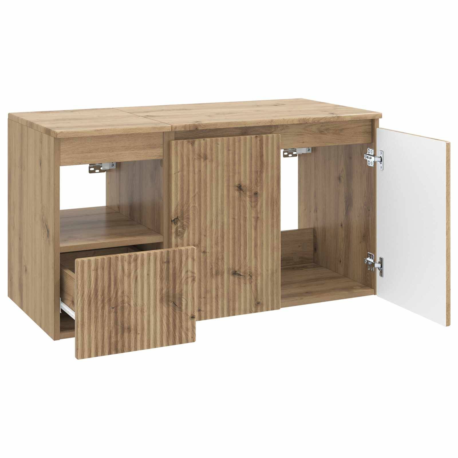 Holzschrank mit offenen Türen und einer zentralen unteren Schublade, die geöffnet ist und die inneren Regale zeigt.