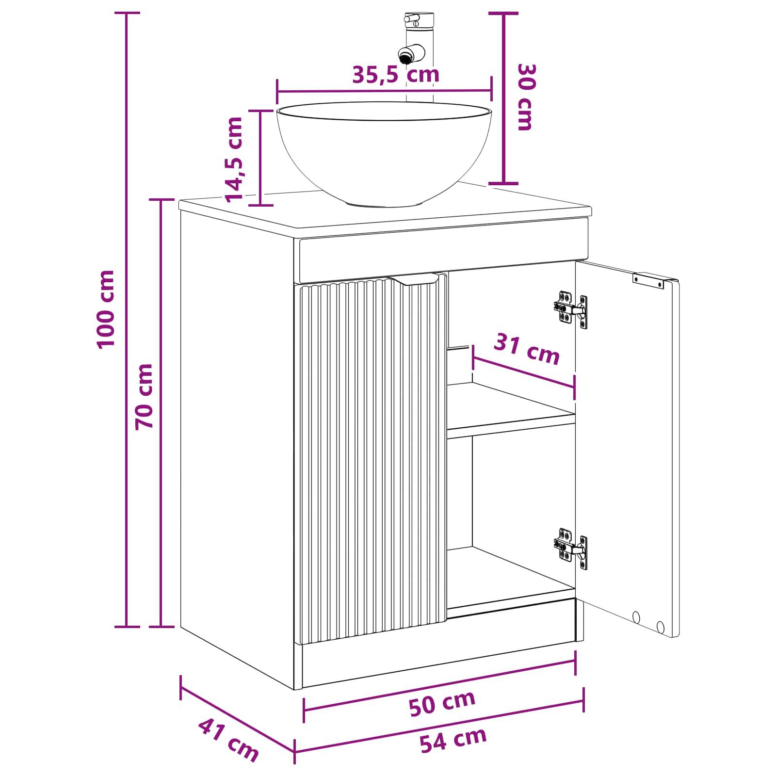 Dimensioniertes Badezimmer-Waschtischunterschrank mit Waschbecken, Gesamtgröße 100 cm hoch, 54 cm breit, 41 cm tief; Becken ist 35,5 cm breit und 30 cm hoch.
