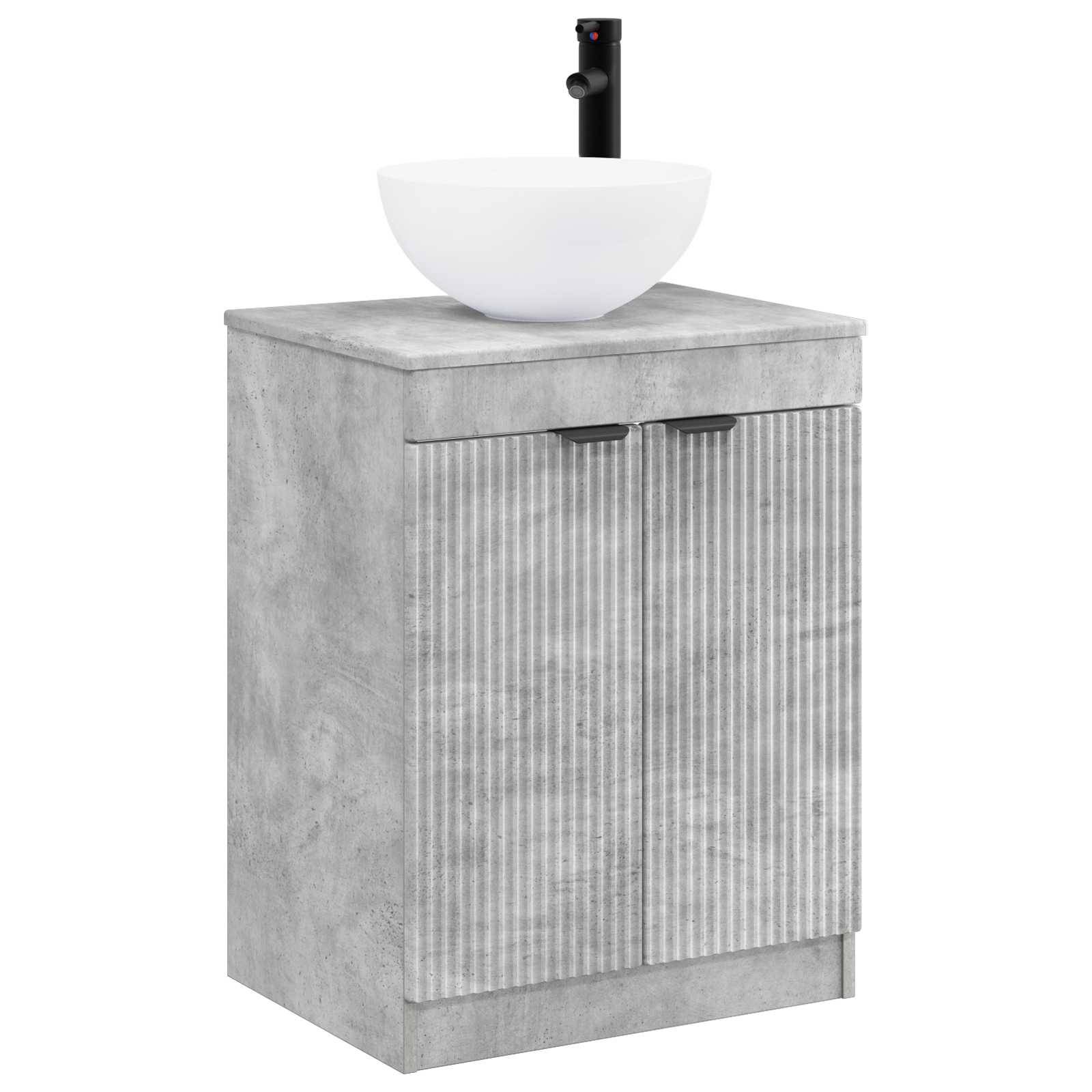 Grauer Badezimmerschrank mit Betonoptik, gerippelte Doppeltüren und ein weißes Aufsatzwaschbecken mit schwarzem Wasserhahn oben.
