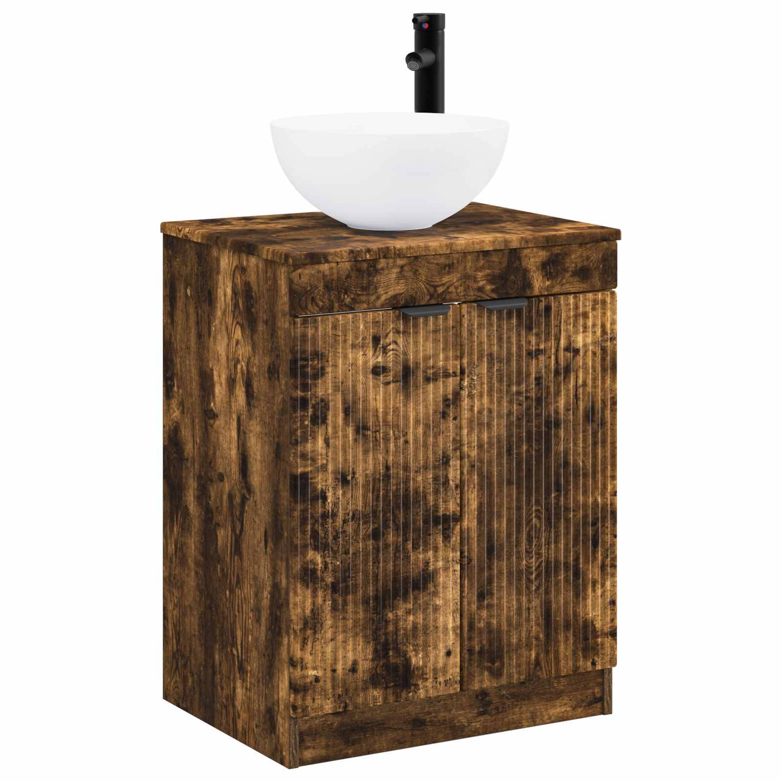 Badezimmer-Waschtischschrank in Holzoptik mit weißem Aufsatzbecken und schwarzem Wasserhahn oben.