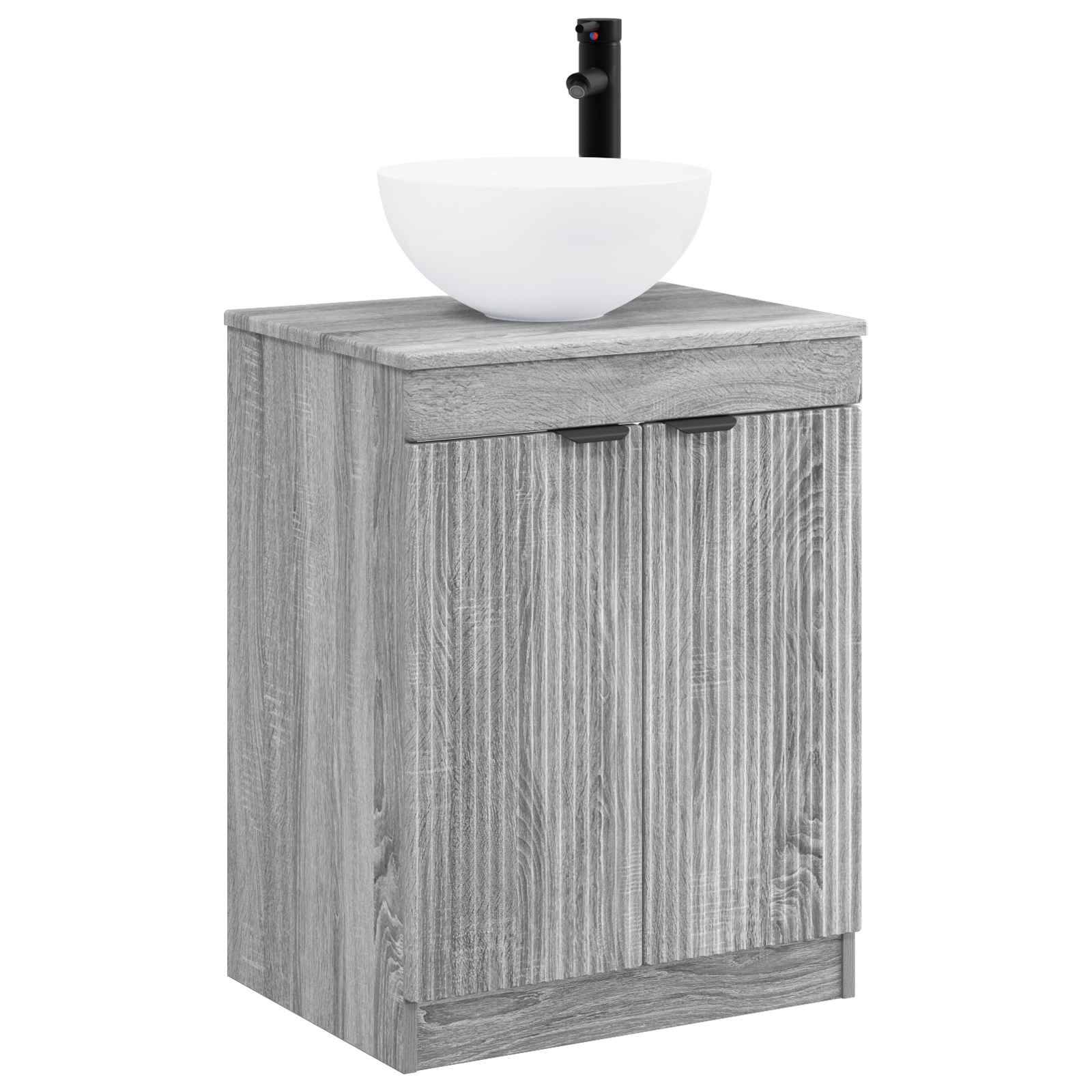 Grauues Holz-Badezimmerschrank mit einem weißen Aufsatzwaschbecken und schwarzem Wasserhahn oben.