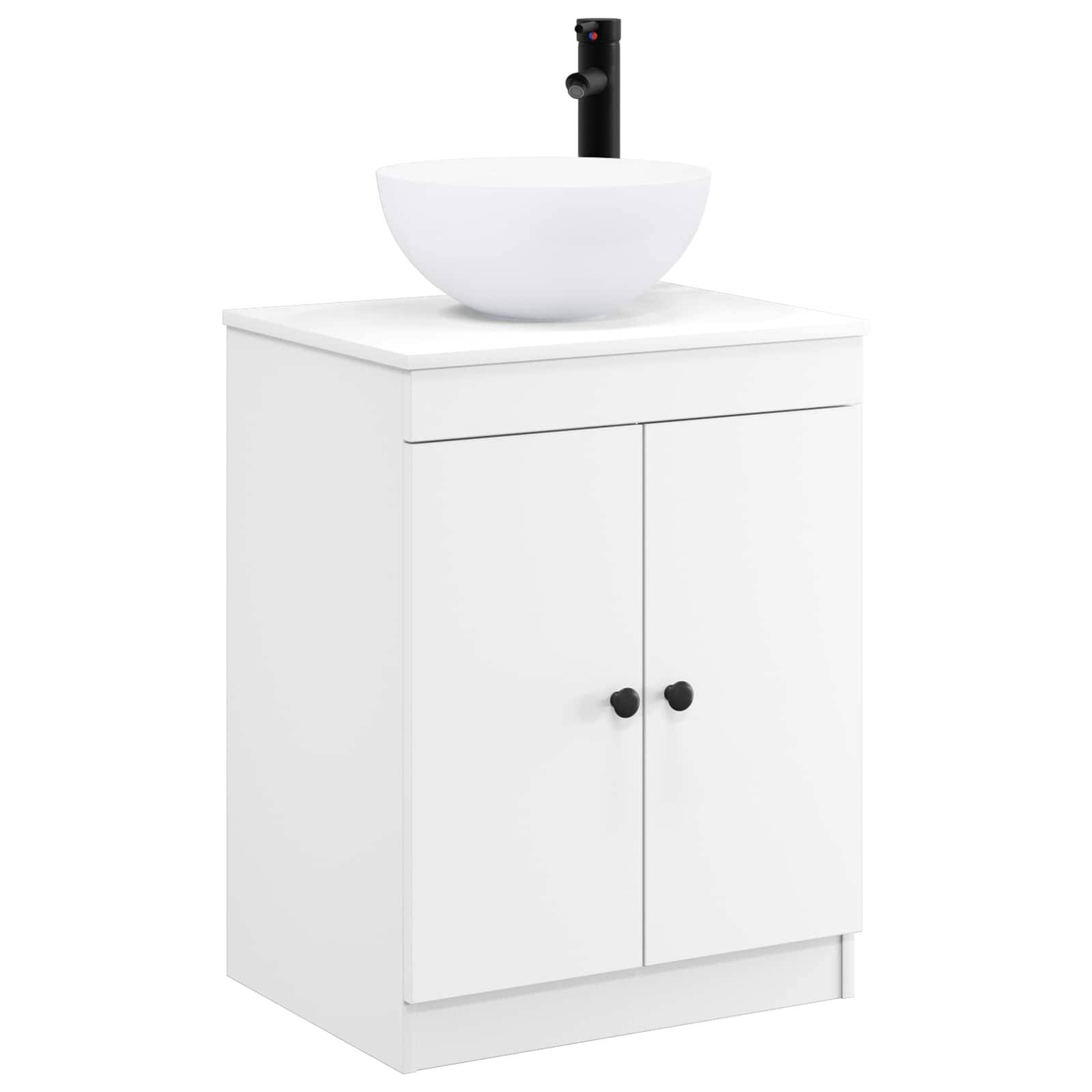 Weißer Badezimmerschrank mit Aufsatzwaschbecken und schwarzem Wasserhahn auf neutralem Hintergrund.
