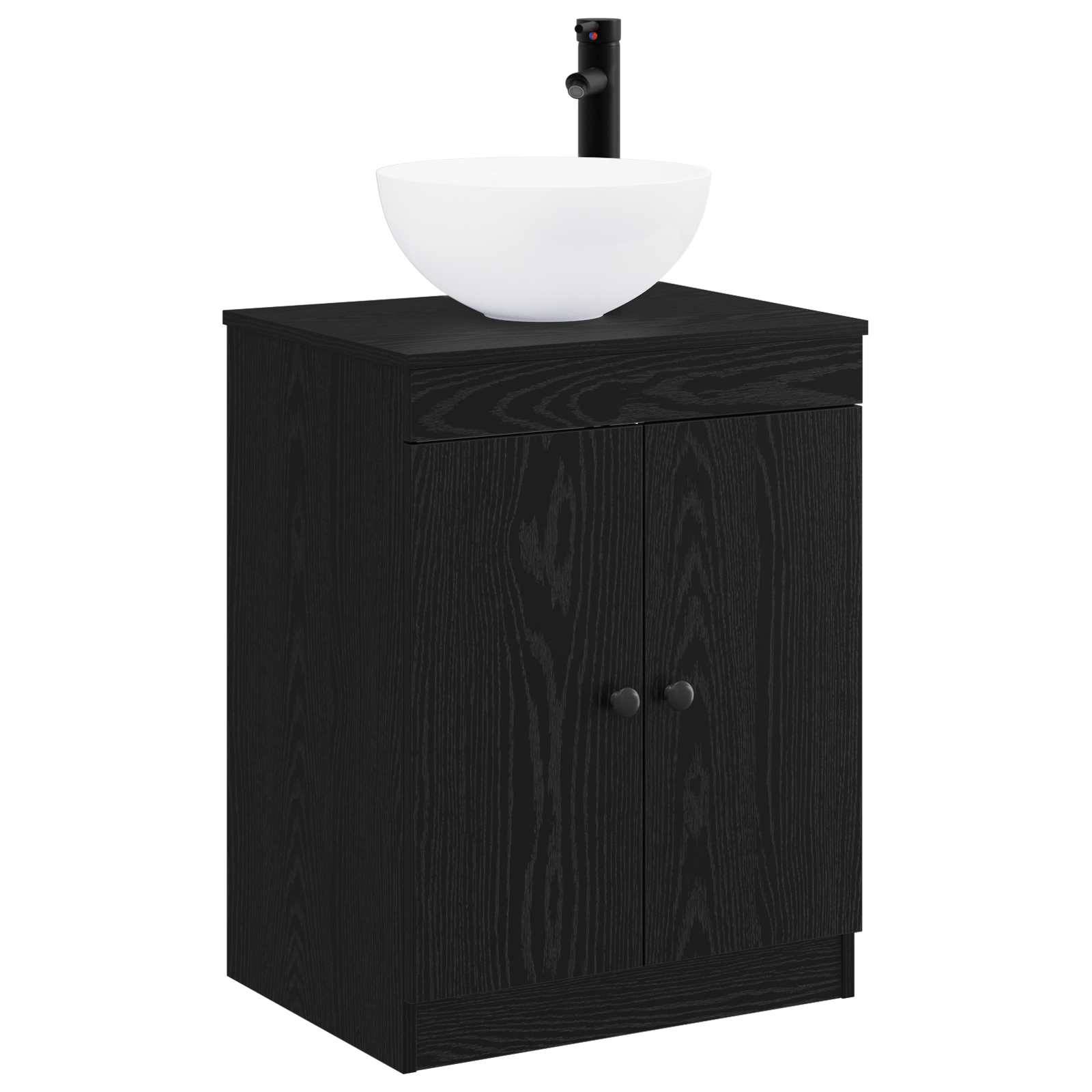 Schwarzes Holz-Badezimmerelement mit weißem Aufsatzwaschbecken und schwarzem Wasserhahn, vor neutralem Hintergrund dargestellt.