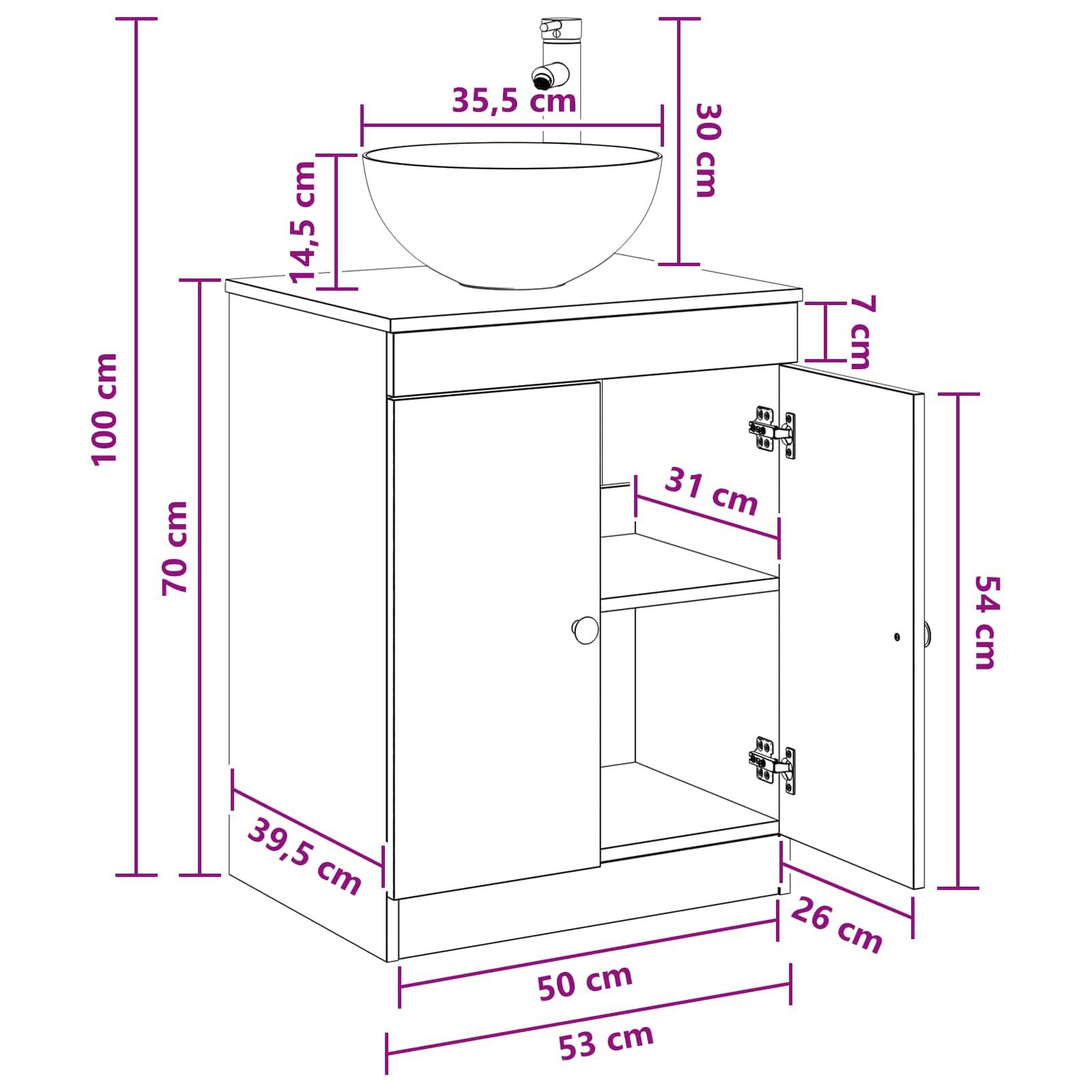 Maßstabsgerechte Zeichnung eines Badezimmer-Waschtisches mit Waschbecken, die Schrank- und Beckenabmessungen in Zentimetern zeigt, einschließlich einer Gesamthöhe von 100 cm und einer Breite von 53 cm.