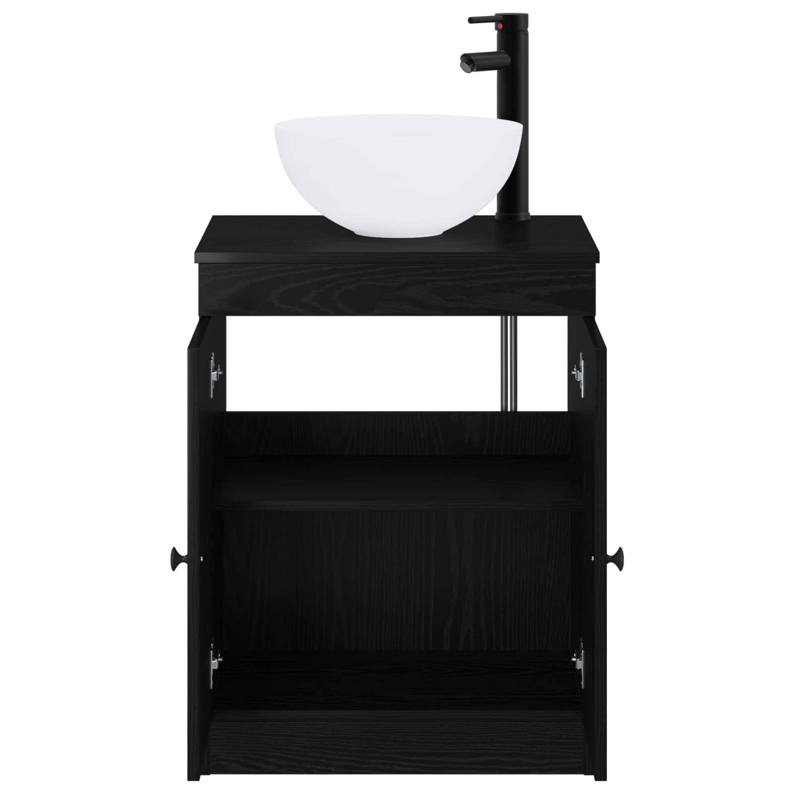 Schwarzes Waschtischunterschrank mit weißem Becken und hochem schwarzem Wasserhahn, geöffnet dargestellt mit Regalboden und Türen vor weißem Hintergrund.